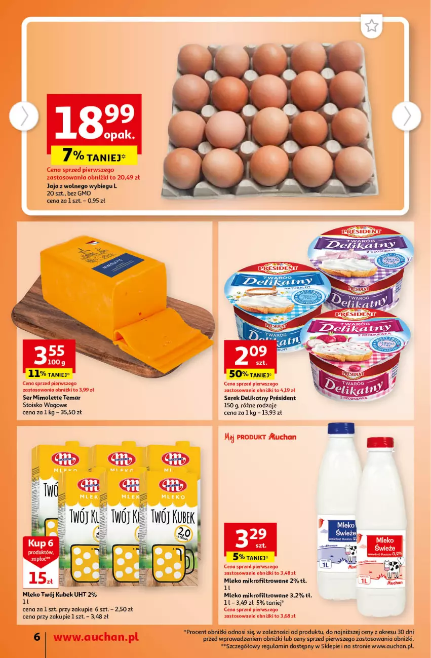 Gazetka promocyjna Auchan - Gazetka TANIE zakupy Supermarket Auchan - ważna 17.08 do 23.08.2023 - strona 6 - produkty: Jaja, Jaja z wolnego wybiegu, Kubek, Mimolette, Mleko, Mleko mikrofiltrowane, Ser, Serek