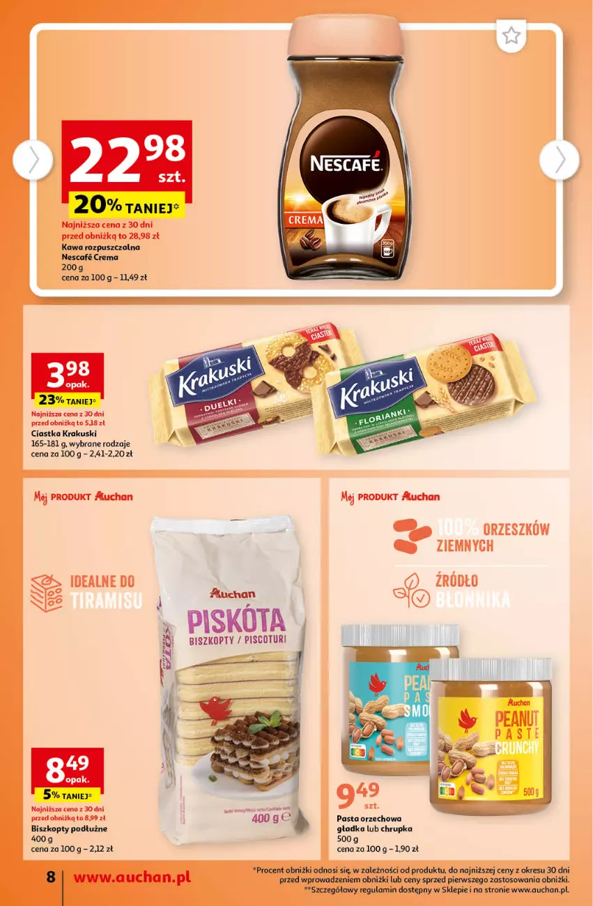 Gazetka promocyjna Auchan - Gazetka TANIE zakupy Supermarket Auchan - ważna 17.08 do 23.08.2023 - strona 8 - produkty: Biszkopty, Ciastka, Kawa, Kawa rozpuszczalna, Krakus, Krakuski