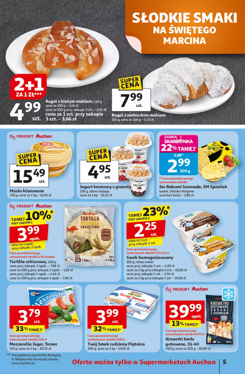 Gazetka promocyjna Auchan - Pewność niskich cen Supermarket - ważna 06.11 do 12.11.2025 - strona 5 - produkty: Gra, Jogurt, Krewetki, Masło, Masło klarowane, Mozzarella, Piątnica, Rogal, Ser, Serek, Serek homogenizowany, Tortilla, Twój Smak