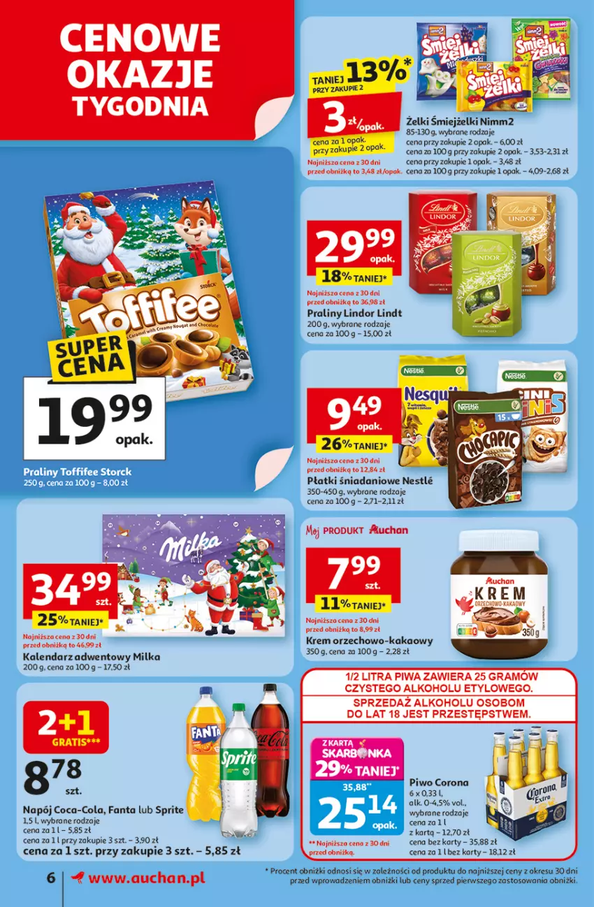 Gazetka promocyjna Auchan - Pewność niskich cen Supermarket - ważna 06.11 do 12.11.2025 - strona 6 - produkty: Coca-Cola, Danio, Fa, Fanta, Gra, Kakao, Kalendarz, Kalendarz adwentowy, Lindor, Lindt, Milka, Napój, Nimm2, Piwa, Piwo, Praliny, Sprite, Tran