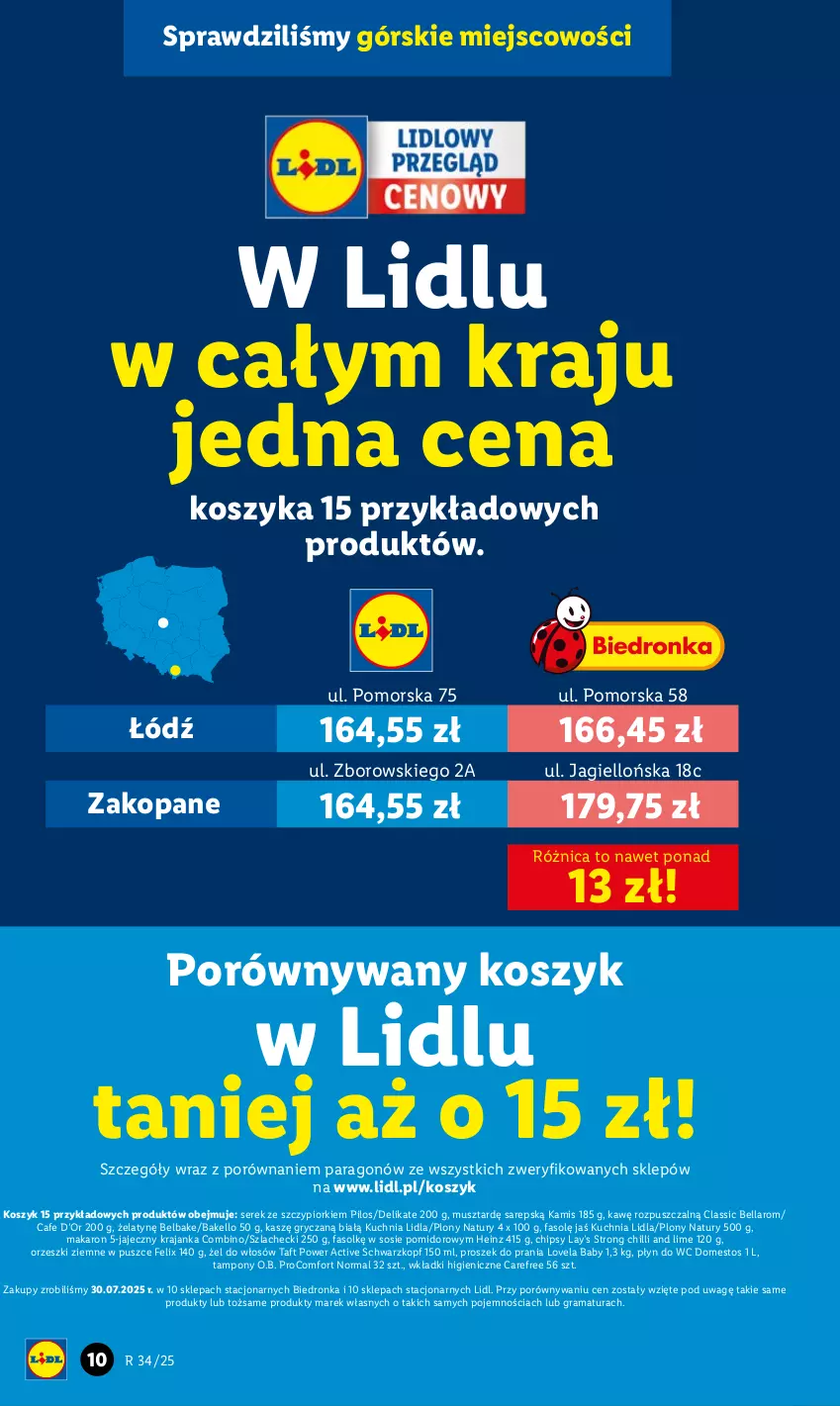 Gazetka promocyjna Lidl - GAZETKA - ważna 18.08 do 20.08.2025 - strona 14 - produkty: Bell, Bella, Carefree, Chipsy, Domestos, Fa, Felix, Gra, Gry, Heinz, Kamis, Kosz, Kuchnia, Lay’s, Lovela, Makaron, Mus, O.B., Orzeszki, Orzeszki ziemne, Pilos, Płyn do wc, Por, Proszek do prania, Rama, Schwarzkopf, Ser, Serek, Sos, Taft, Tampony, Wkładki