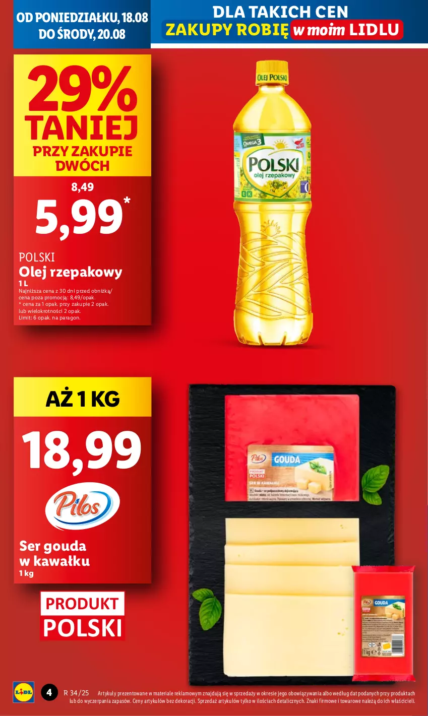 Gazetka promocyjna Lidl - GAZETKA - ważna 18.08 do 20.08.2025 - strona 4 - produkty: Gouda, Kawa, Olej, Olej rzepakowy, Ser