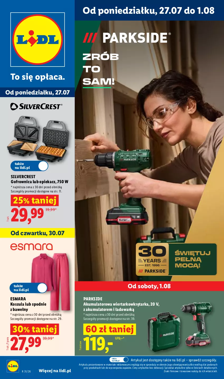 Gazetka promocyjna Lidl - Gazetka ważna od 27.07. do 01.08. - ważna 27.07 do 01.08.2026 - strona 1 - produkty: Akumulator, Akumulatorowa wiertarkowkrętark, Gofrownica, Kosz, Koszula, Parkside, Silvercrest, Spodnie, Tarka, Wiertarkowkrętarka, Wkręt, Wkrętarka