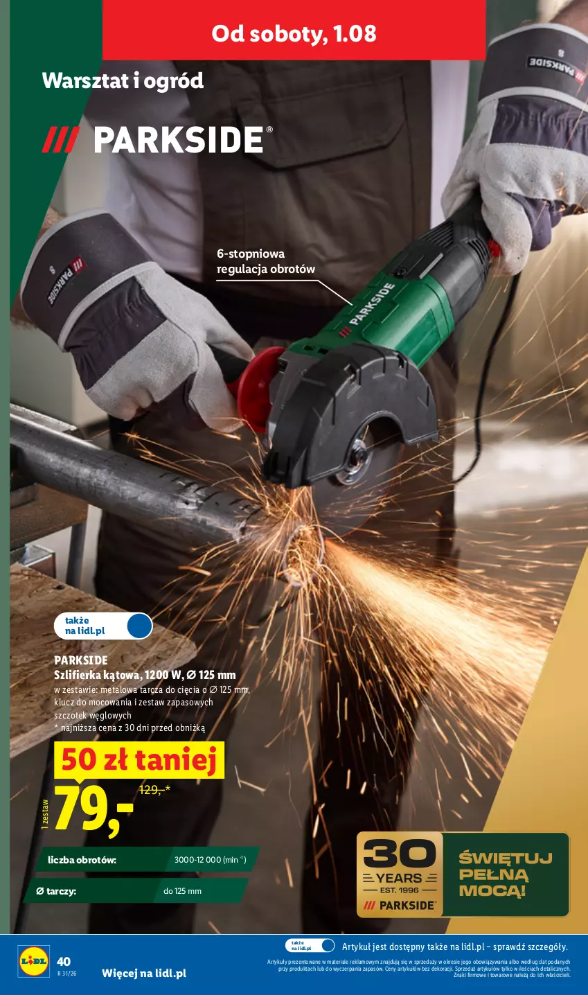 Gazetka promocyjna Lidl - Gazetka ważna od 27.07. do 01.08. - ważna 27.07 do 01.08.2026 - strona 46 - produkty: Ogród, Parkside, Szlifierka, Szlifierka kątowa, Top