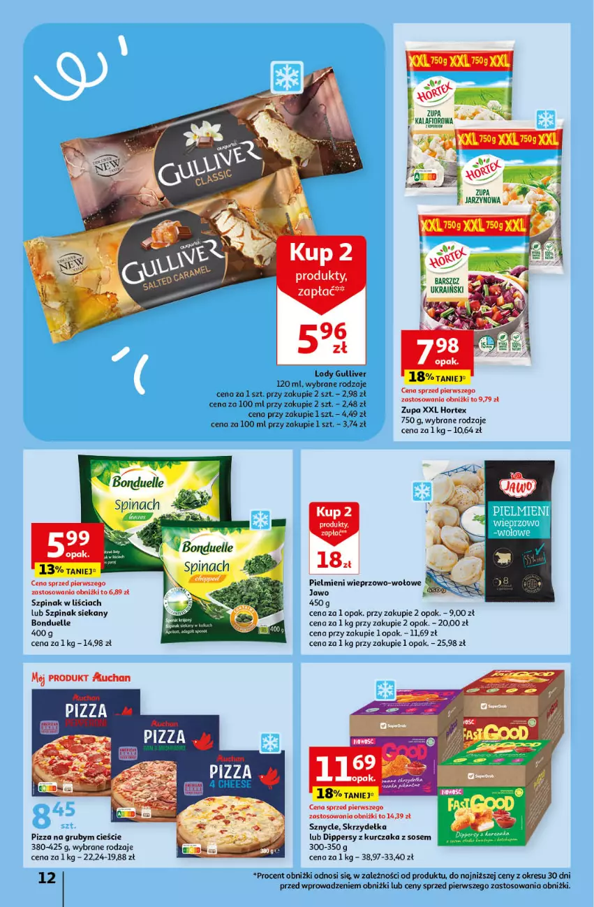 Gazetka promocyjna Auchan - Gazetka MAXI rewelacje! Hipermarket Auchan - ważna 14.09 do 20.09.2023 - strona 12 - produkty: Bonduelle, Hortex, Kalafior, Kurczak, Lody, Pizza, Sos, Szpinak, Zupa