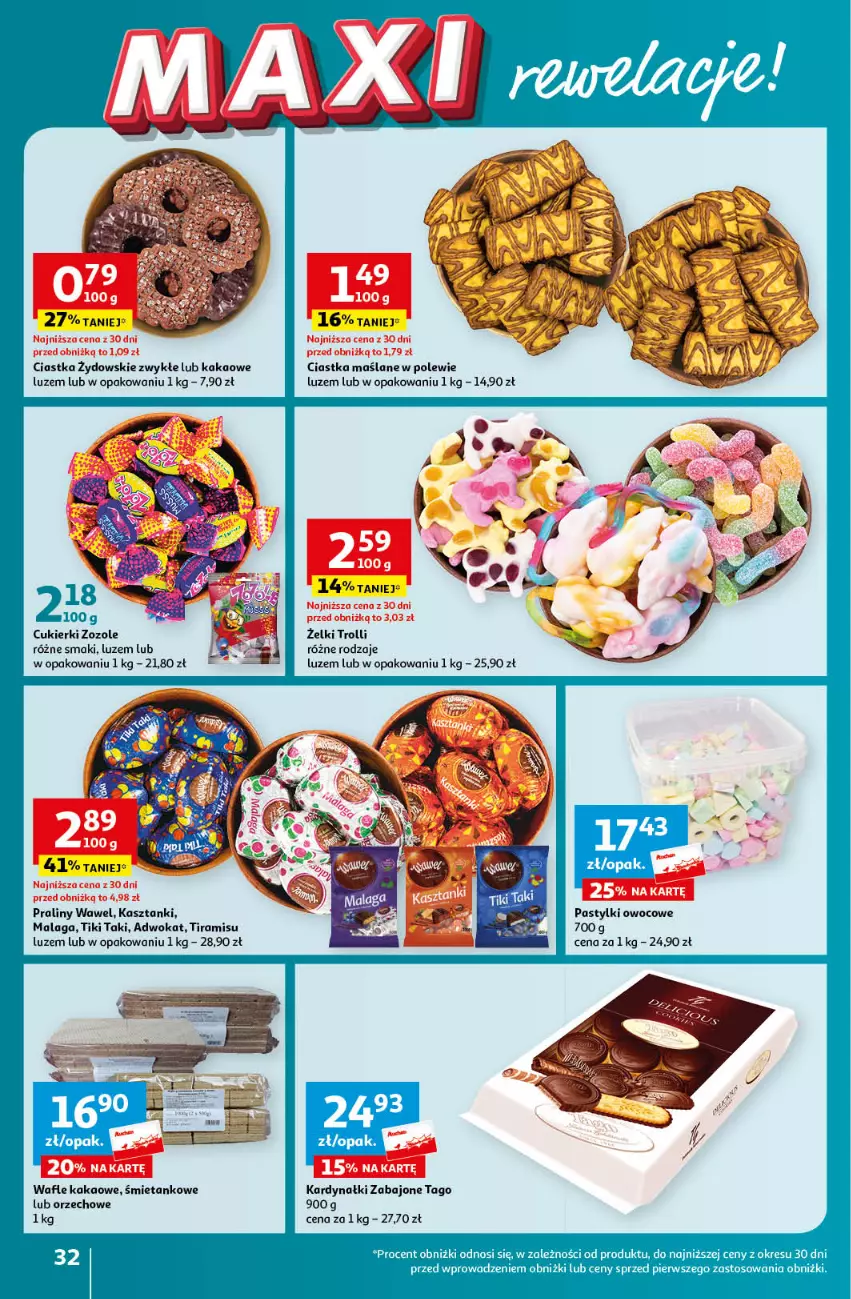 Gazetka promocyjna Auchan - Gazetka MAXI rewelacje! Hipermarket Auchan - ważna 14.09 do 20.09.2023 - strona 32 - produkty: Ciastka, Cukier, Cukierki, Kakao, Pastylki, Praliny, Tago, Wafle, Wawel