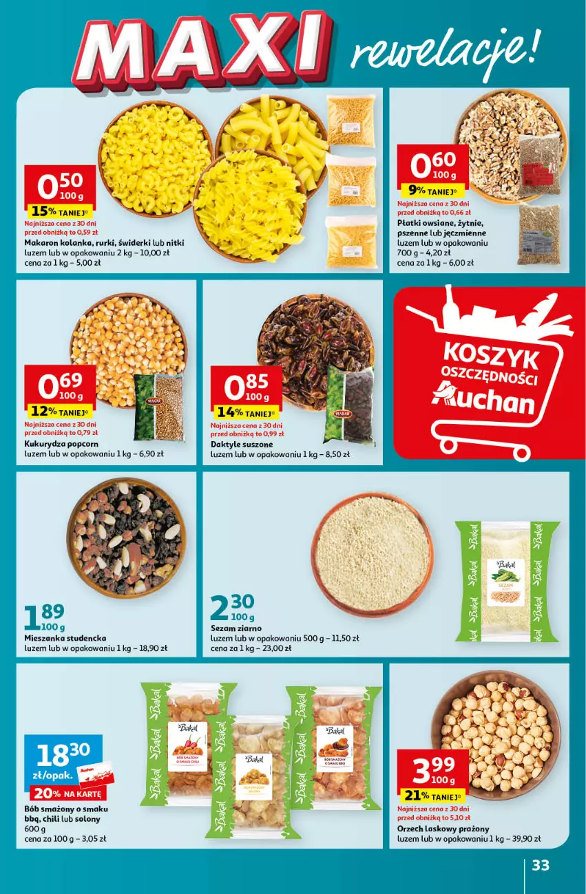 Gazetka promocyjna Auchan - Gazetka MAXI rewelacje! Hipermarket Auchan - ważna 14.09 do 20.09.2023 - strona 33 - produkty: Daktyle, Kukurydza, Makaron, Mieszanka studencka, Płatki owsiane, Popcorn, Rurki, Sezam