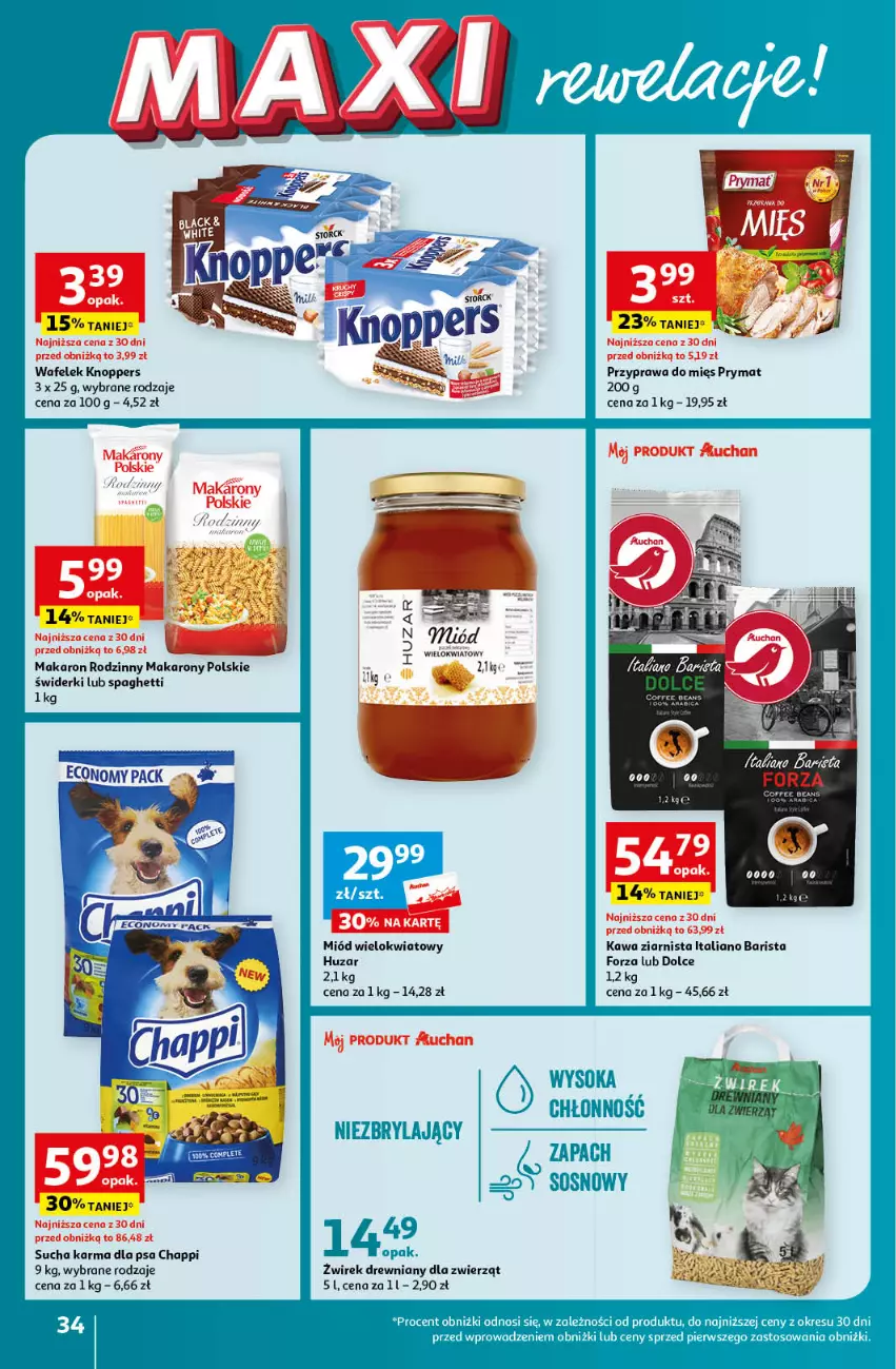 Gazetka promocyjna Auchan - Gazetka MAXI rewelacje! Hipermarket Auchan - ważna 14.09 do 20.09.2023 - strona 34 - produkty: Ariel, Chappi, Kawa, Kawa ziarnista, Knoppers, Makaron, Miód, Prymat, Spaghetti, Sucha karma, Wafelek