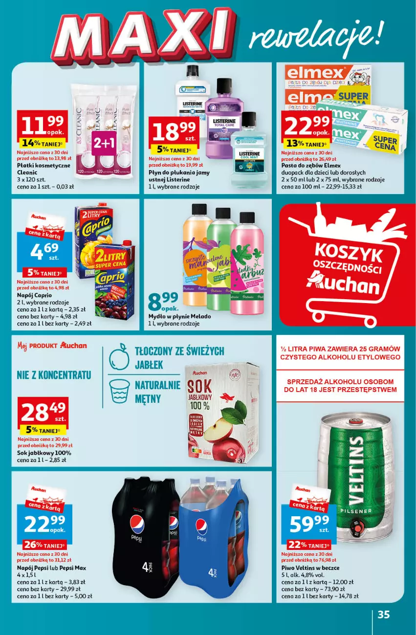 Gazetka promocyjna Auchan - Gazetka MAXI rewelacje! Hipermarket Auchan - ważna 14.09 do 20.09.2023 - strona 35 - produkty: Cleanic, Dzieci, Elmex, Gra, Listerine, Mydło, Mydło w płynie, Napój, Pasta do zębów, Pepsi, Pepsi max, Piwa, Piwo, Płatki kosmetyczne, Płyn do płukania, Sok, Sok jabłkowy