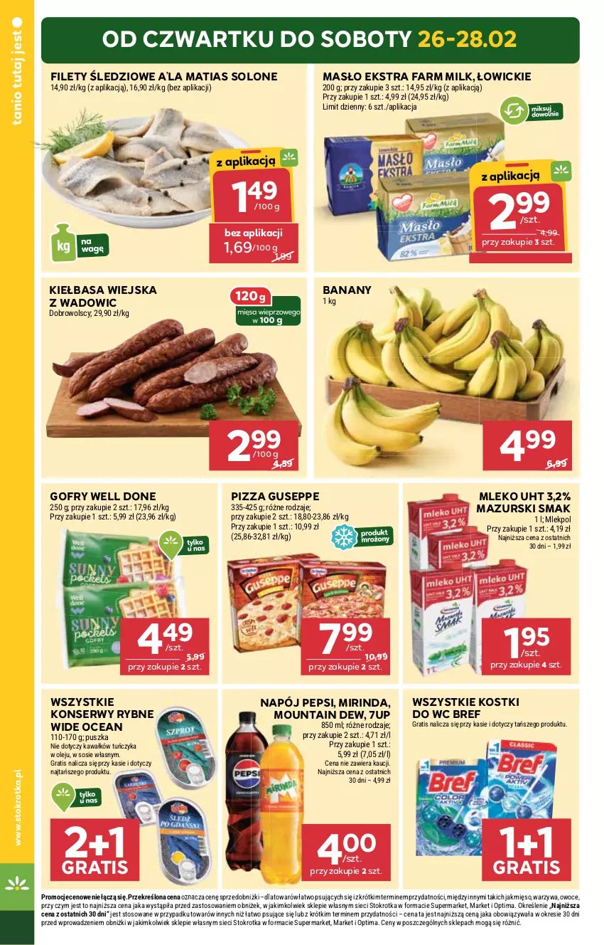 Gazetka promocyjna Stokrotka - Market - ważna 26.02 do 04.03.2026 - strona 2 - produkty: 7up, Banany, Bref, Fa, Farm Milk, Gofry, Gra, Kawa, Kiełbasa, Kiełbasa wiejska, Masło, Mięso, Mirinda, Mleko, Napój, Olej, Optima, Owoce, Pepsi, Pizza, Ser, Sos, Tuńczyk, Warzywa