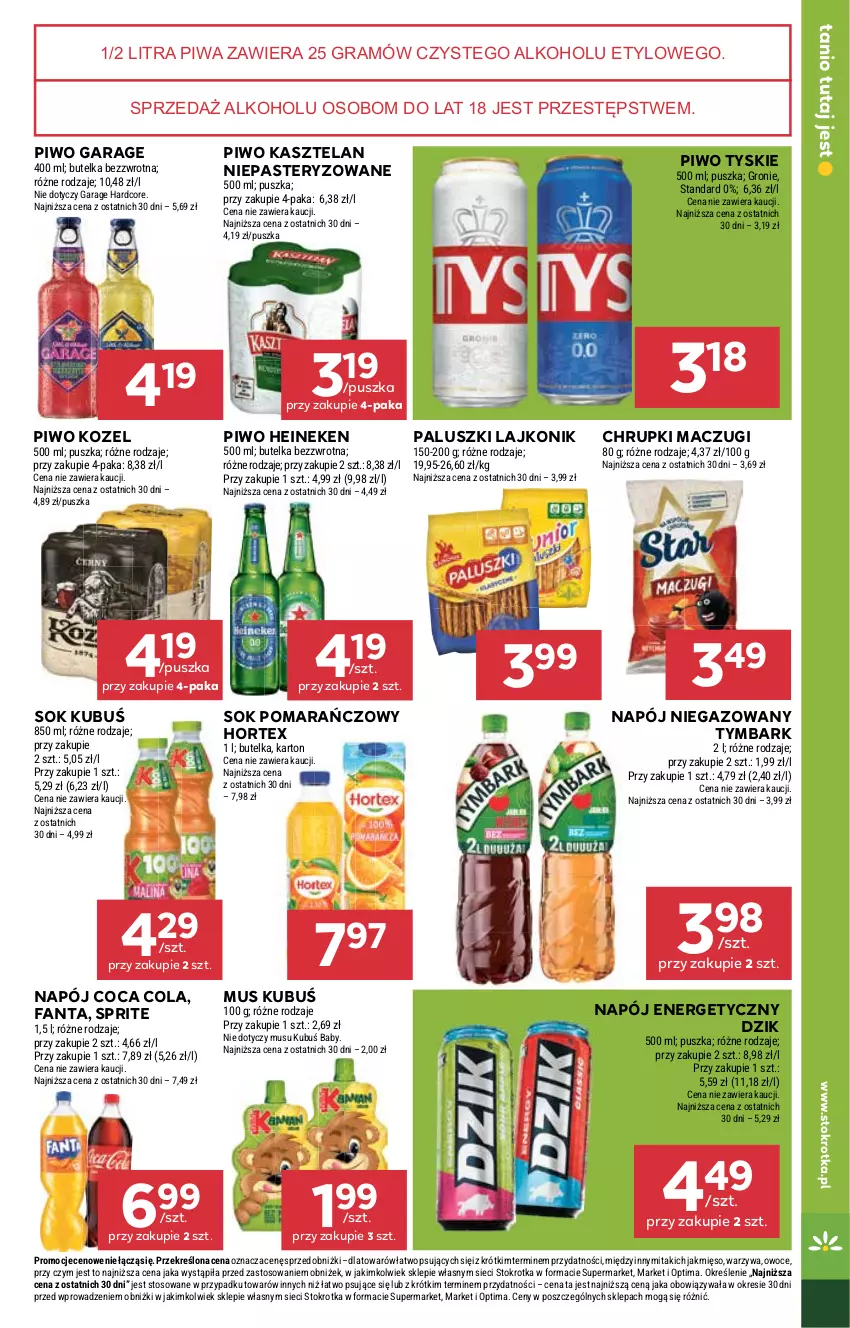 Gazetka promocyjna Stokrotka - Market - ważna 26.02 do 04.03.2026 - strona 23 - produkty: Chrupki, Fa, Fanta, Gra, Heineken, Hortex, Kasztelan, Kozel, Kubuś, Lajkonik, Mięso, Mus, Napój, Napój energetyczny, Napój niegazowany, Optima, Owoce, Piwa, Piwo, Sok, Sok pomarańczowy, Sprite, Tymbark, Tyskie, Warzywa