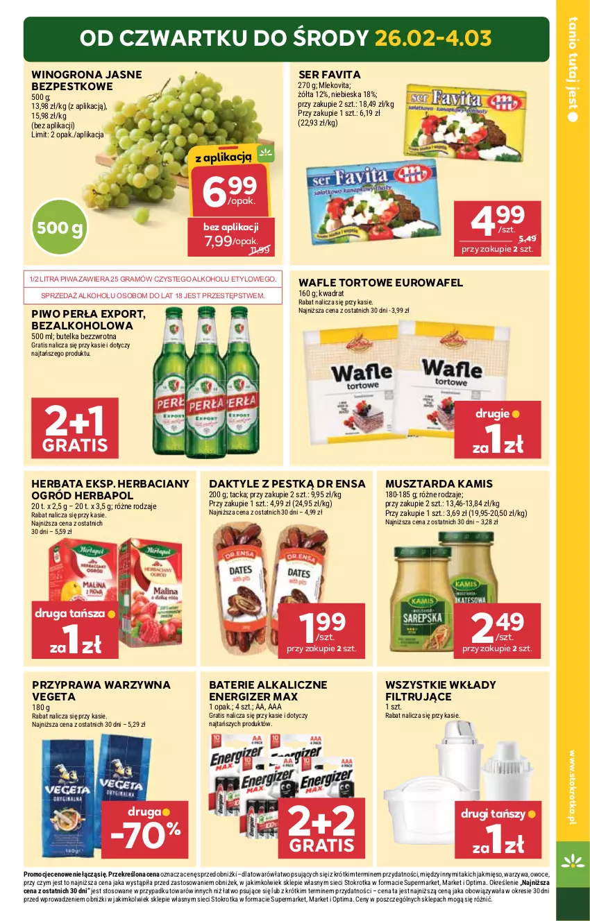 Gazetka promocyjna Stokrotka - Market - ważna 26.02 do 04.03.2026 - strona 3 - produkty: Baterie alkaliczne, Daktyle, Energizer, Fa, Favita, Gra, Herbapol, Herbata, Kamis, Mięso, Mleko, Mlekovita, Mus, Musztarda, Ogród, Optima, Owoce, Perła, Piwa, Piwo, Por, Ser, Vegeta, Wafle, Wafle tortowe, Warzywa, Wino, Winogrona