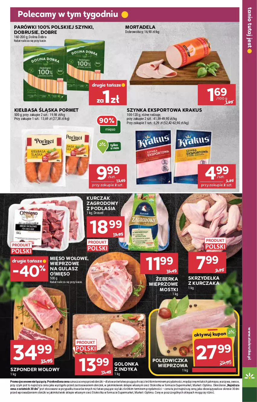 Gazetka promocyjna Stokrotka - Market - ważna 26.02 do 04.03.2026 - strona 7 - produkty: Golonka z indyka, Kiełbasa, Kiełbasa śląska, Krakus, Kurczak, Mięso, Mięso wołowe, Obrus, Optima, Owoce, Parówki, Polędwiczka wieprzowa, Por, Skrzydełka z kurczaka, Sport, Szponder wołowy, Szynka, Warzywa