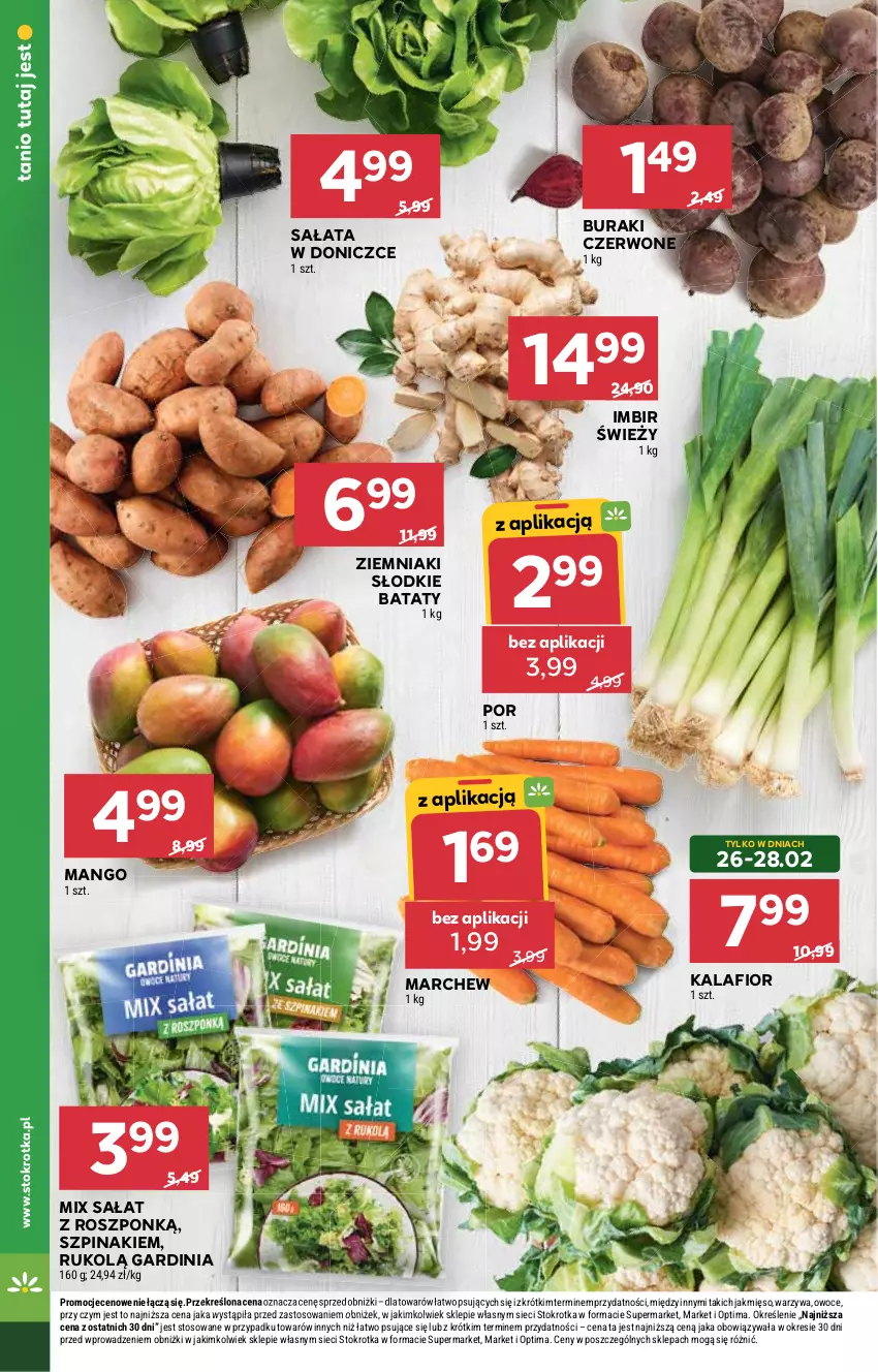 Gazetka promocyjna Stokrotka - Market - ważna 26.02 do 04.03.2026 - strona 8 - produkty: Buraki, Imbir, Kalafior, Mango, Mięso, Optima, Owoce, Por, Sałat, Szpinak, Warzywa, Ziemniaki