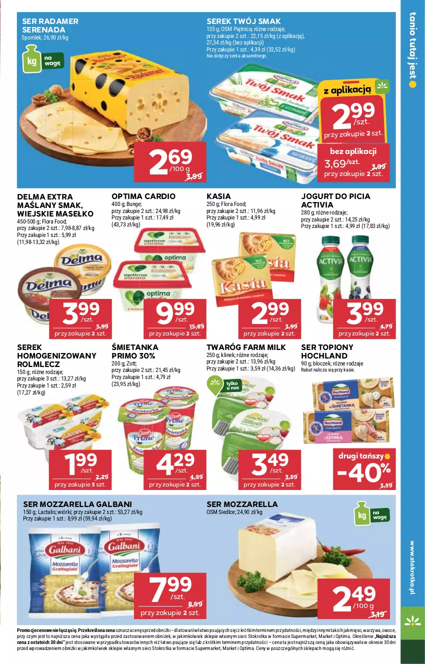 Gazetka promocyjna Stokrotka - Market - ważna 26.02 do 04.03.2026 - strona 9 - produkty: Activia, Aksam, Delma, Fa, Farm Milk, Flora, Galbani, Hochland, Jogurt, Kasia, Mięso, Mozzarella, Optima, Optima Cardio, Owoce, Piątnica, Radamer, Rolmlecz, Ser, Ser topiony, Serek, Serek homogenizowany, Top, Twaróg, Twój Smak, Warzywa, Zott