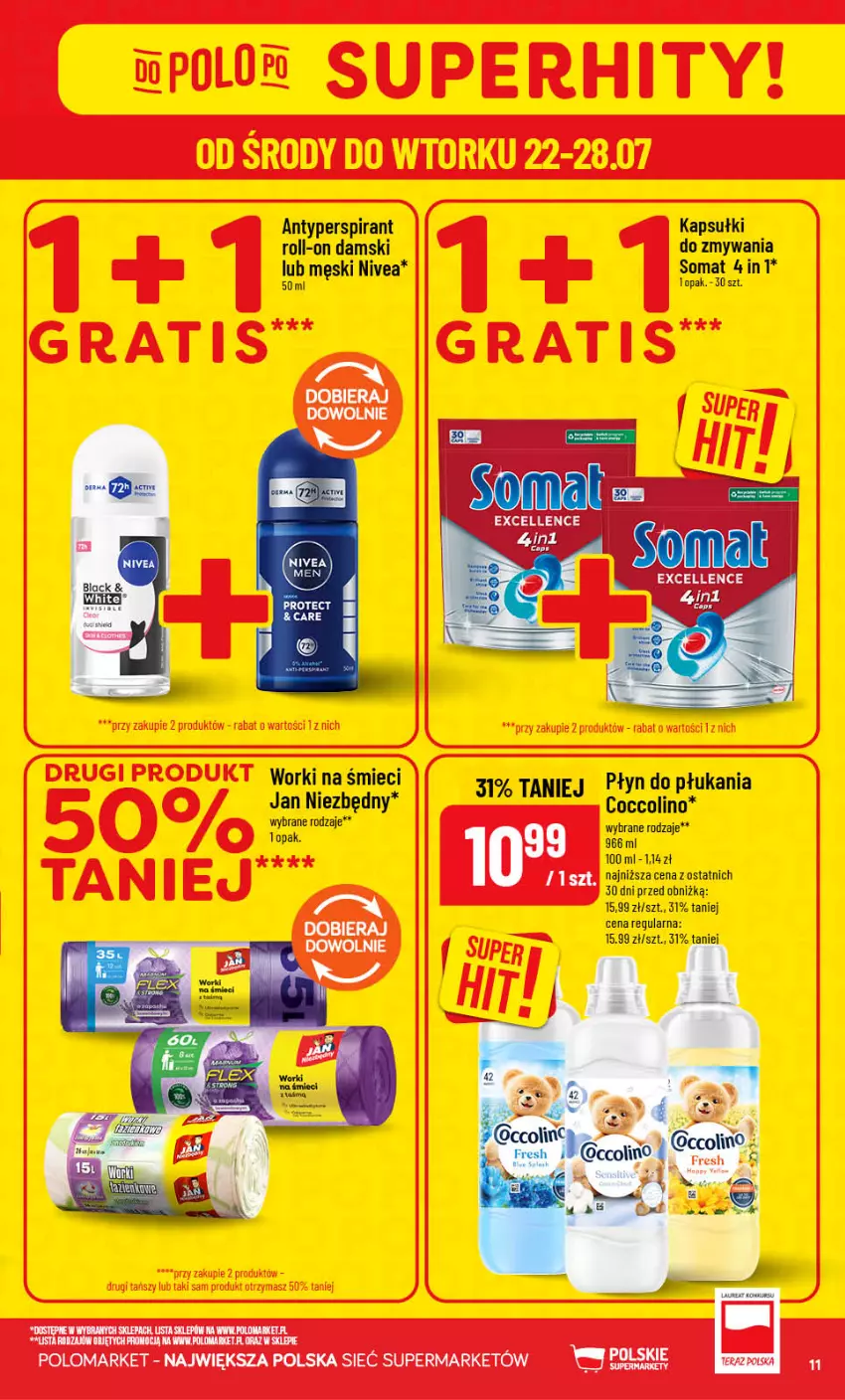 Gazetka promocyjna PoloMarket - Gazetka Polomarket 22.07-28.07 - ważna 22.07 do 28.07.2026 - strona 11 - produkty: Antyperspirant, Coccolino, Jan Niezbędny, Nivea, Płyn do płukania, Somat, Worki na śmiec, Worki na śmieci