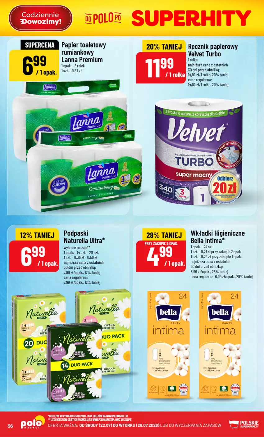 Gazetka promocyjna PoloMarket - Gazetka Polomarket 22.07-28.07 - ważna 22.07 do 28.07.2026 - strona 56 - produkty: Bell, Bella, Koc, Naturell, Naturella, Papier, Papier toaletowy, Podpaski, Por, Ręcznik, Rum, Velvet