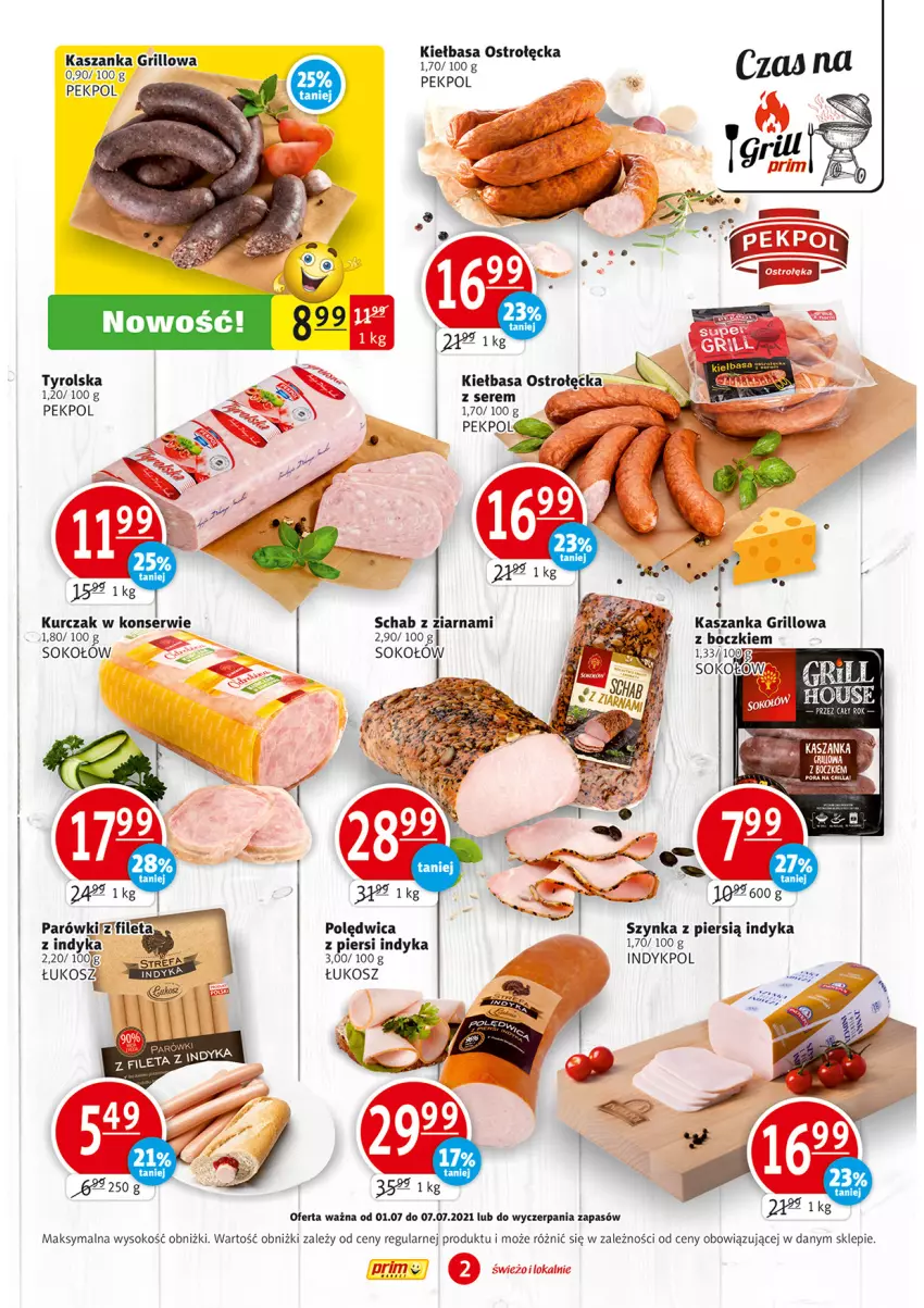 Gazetka promocyjna Prim Market - Gazetka - ważna 01.07 do 07.07.2021 - strona 2 - produkty: Grill, Kasza, Kaszanka, Kosz, Kurczak, LG, Parówki, Pekpol, Polędwica, Por, Ser, Sok, Sokołów, Szynka