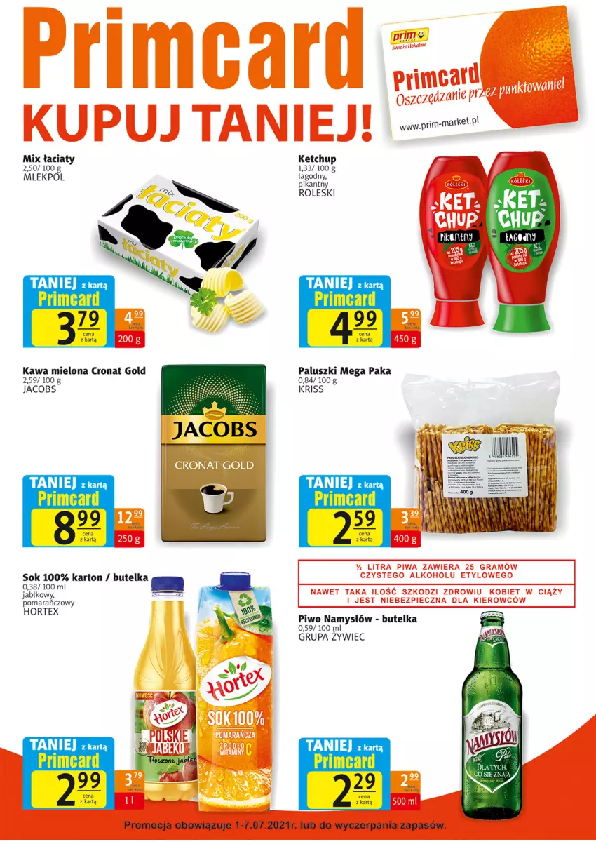 Gazetka promocyjna Prim Market - Gazetka - ważna 01.07 do 07.07.2021 - strona 7 - produkty: Hortex, Jacobs, Kawa, Kawa mielona, Ketchup, Namysłów, Piwo, Sok