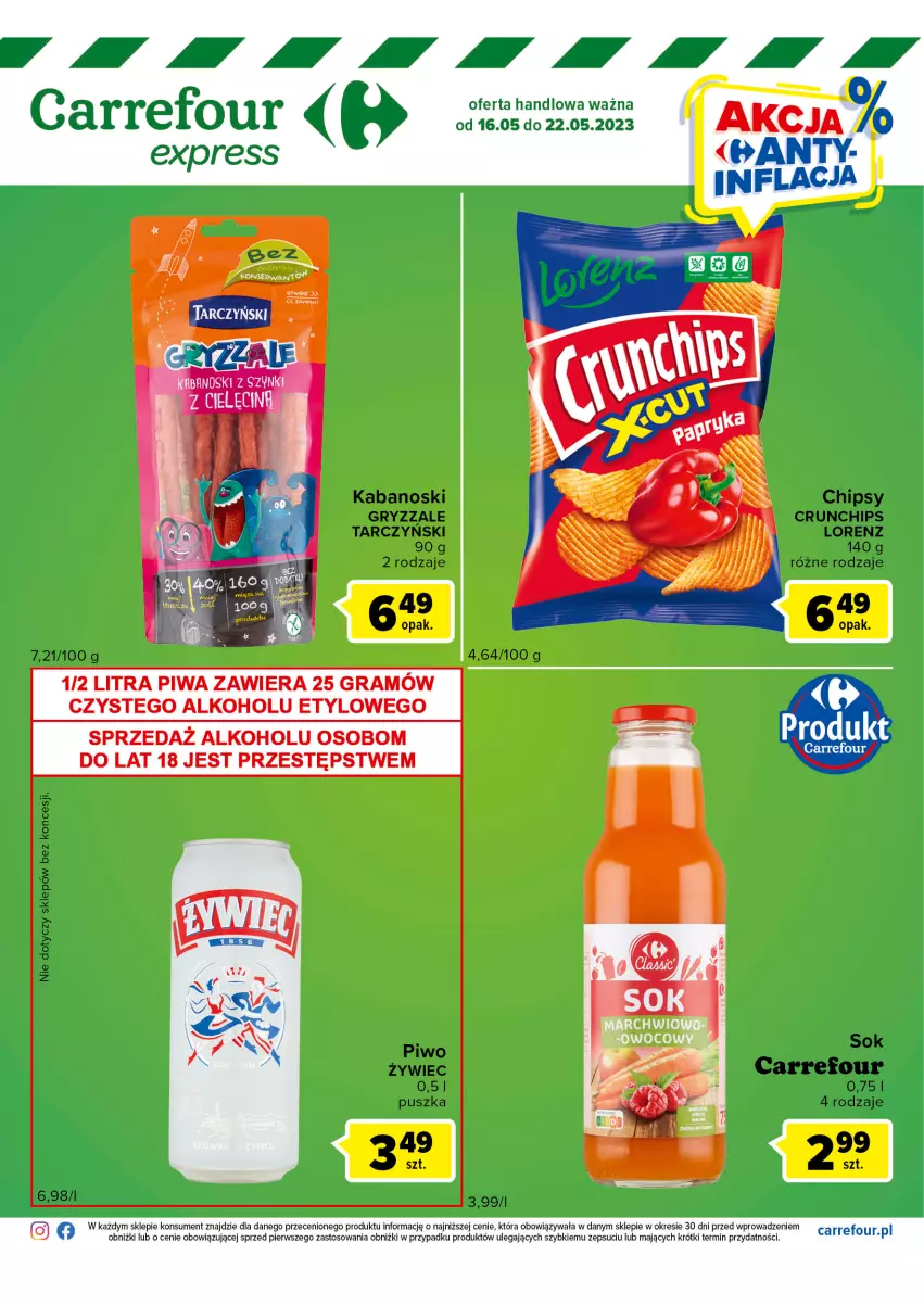 Gazetka promocyjna Carrefour - Gazetka Express - ważna 16.05 do 22.05.2023 - strona 2 - produkty: Chipsy, Crunchips, Gra, Gry, Kabanos, Lorenz, Piwa, Piwo, Sok