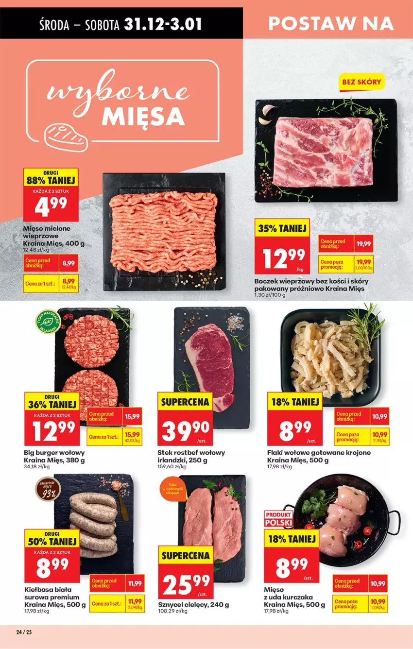 Gazetka promocyjna Biedronka - Od Czwartku - ważna 31.12.2026 do 06.01.2027 - strona 34 - produkty: Boczek, Boczek wieprzowy, Burger, Flaki, Flaki wołowe, Kiełbasa, Kiełbasa biała, Kurczak, Mięso, Mięso mielone, Rostbef, Stek