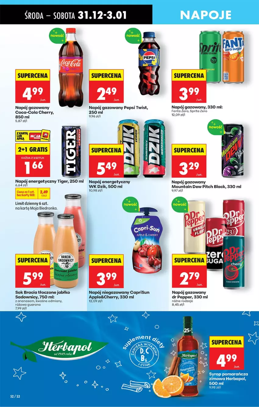 Gazetka promocyjna Biedronka - Od Czwartku - ważna 31.12.2026 do 06.01.2027 - strona 64 - produkty: Ananas, Coca-Cola, EPEE, Fa, Fanta, Lack, Napój, Napój energetyczny, Napój gazowany, Napój niegazowany, Pepsi, Sok, Sprite, Tiger