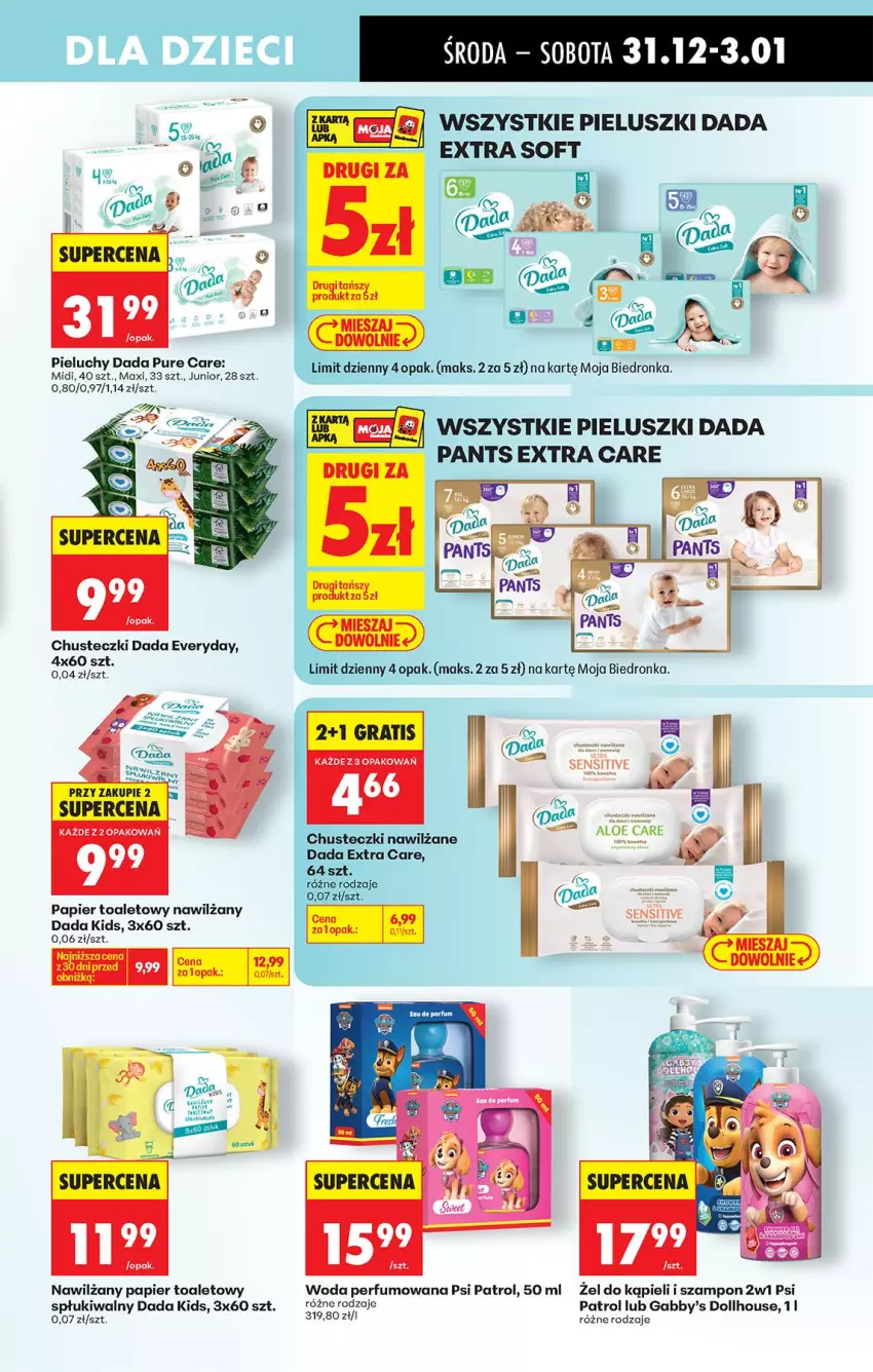 Gazetka promocyjna Biedronka - Od Czwartku - ważna 31.12.2026 do 06.01.2027 - strona 71 - produkty: Chusteczki, Dada, Fa, Gra, Nawilżany papier, Papier, Papier toaletowy, Perfum, Pieluchy, Psi Patrol, Pur, Szampon, Woda, Woda perfumowana