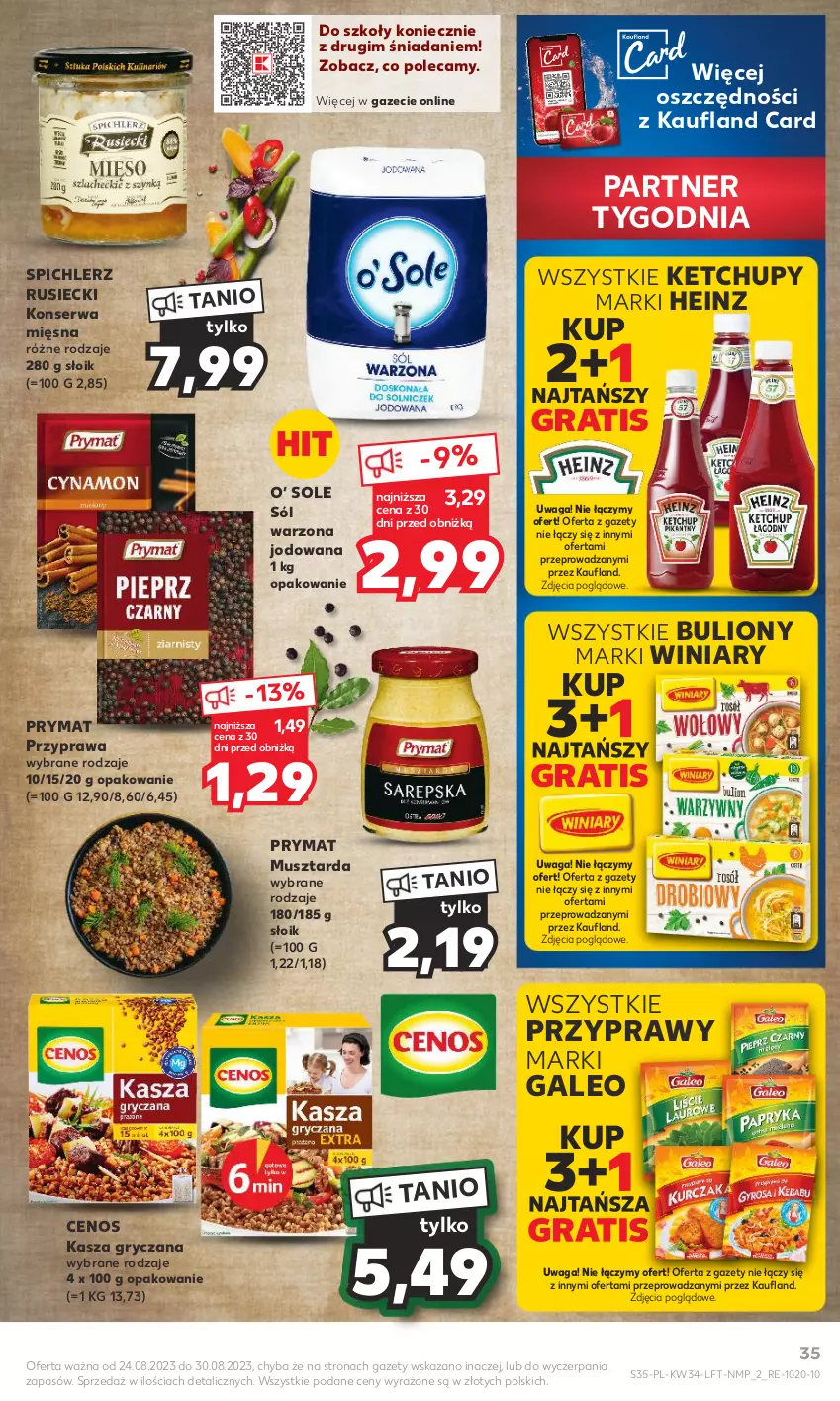 Gazetka promocyjna Kaufland - Gazetka tygodnia - ważna 24.08 do 30.08.2023 - strona 35 - produkty: Bulion, Cenos, Gra, Gry, Heinz, Kasza, Kasza gryczana, Ketchup, Lion, Mus, Musztarda, Prymat, Przyprawy, Ser, Sól, Spichlerz Rusiecki, Waga, Winiary