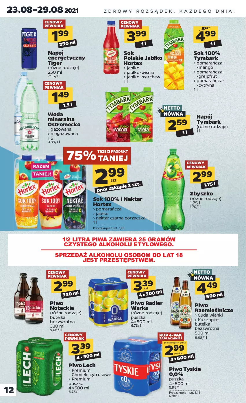 Gazetka promocyjna Netto - ważna 23.08 do 28.08.2021 - strona 12 - produkty: Gra, Grejpfrut, Hortex, Mango, Napój, Nektar, Piwa, Piwo, Por, Radler, Sok, Tiger, Tymbark, Tyskie, Warka, Woda, Woda mineralna