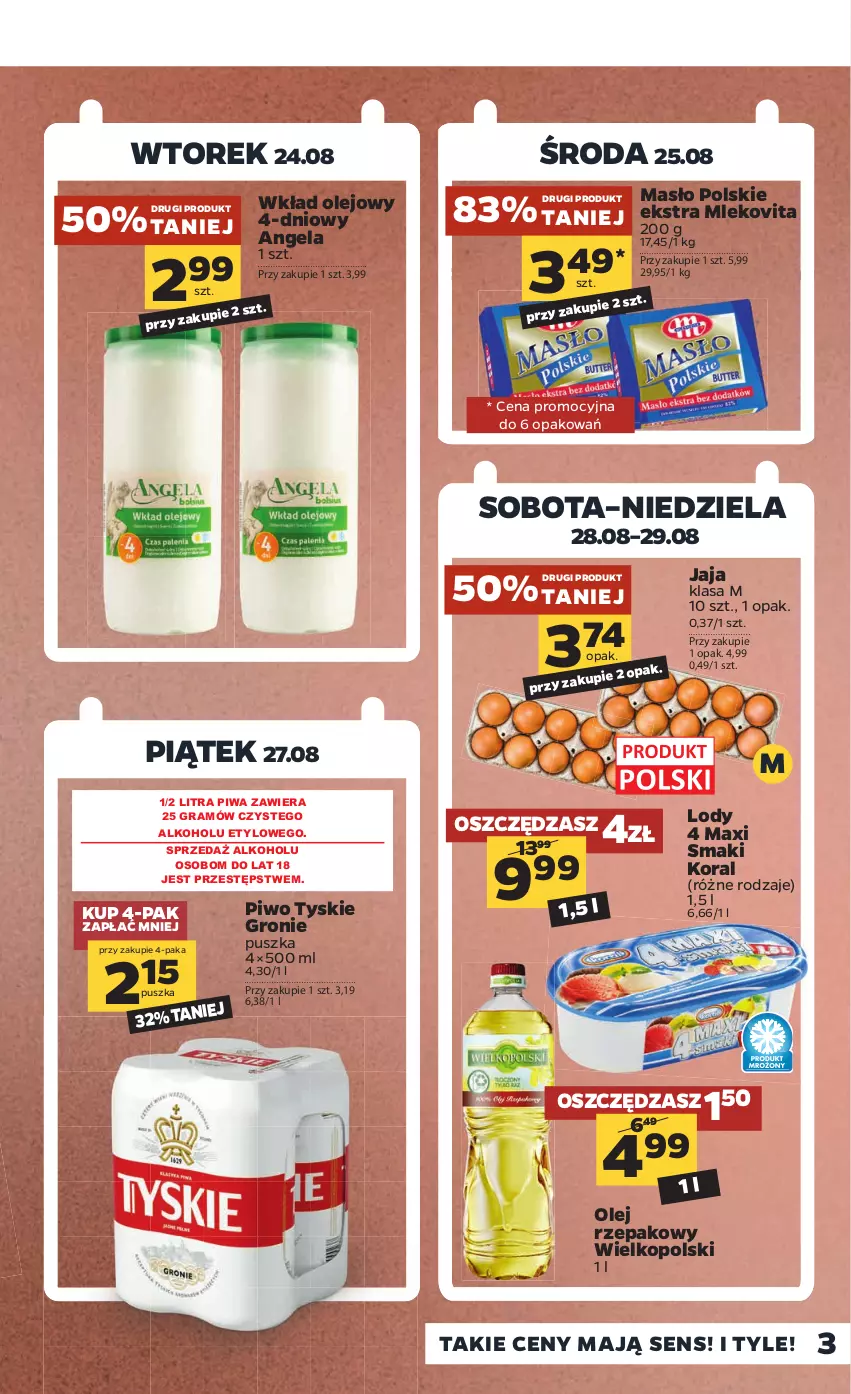 Gazetka promocyjna Netto - ważna 23.08 do 28.08.2021 - strona 3 - produkty: Gra, Jaja, Lody, Masło, Mleko, Mlekovita, Olej, Olej rzepakowy, Piwa, Piwo, Tyskie, Wkład olejowy