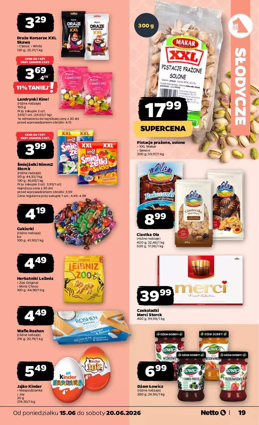 Gazetka promocyjna Netto - Od Poniedziałku - ważna 15.06 do 20.06.2026 - strona 19 - produkty: Ciastka, Cukier, Cukierki, Dżem, Gin, Herbatniki, Kawa, Kinder, Merci, Nimm2, Pistacje, Ser, Wafle