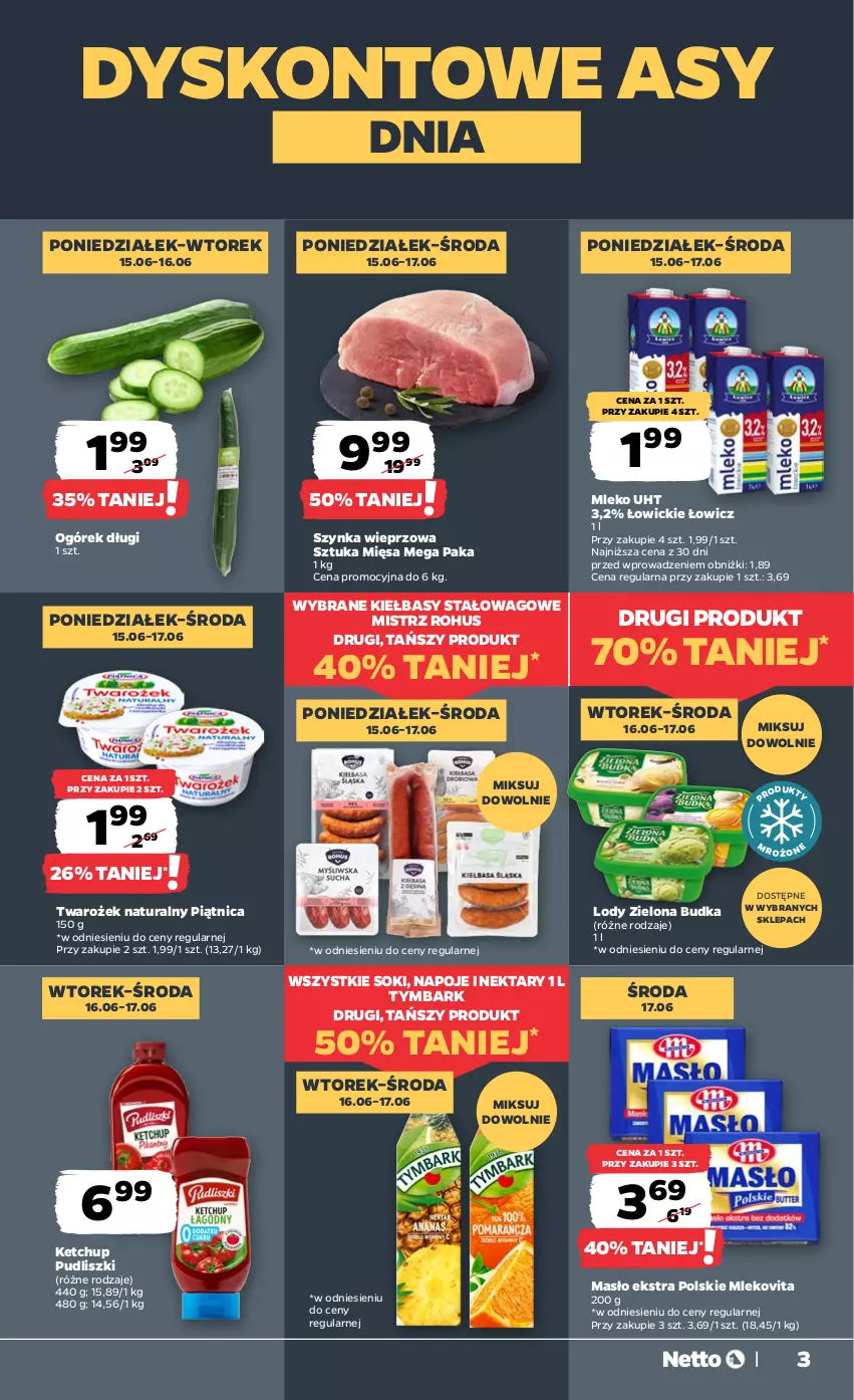 Gazetka promocyjna Netto - Od Poniedziałku - ważna 15.06 do 20.06.2026 - strona 3 - produkty: Ketchup, Lody, Masło, Mleko, Mlekovita, Napoje, Nektar, Ogórek, Piątnica, Pudliszki, Sok, Szynka, Szynka wieprzowa, Tymbark, Zielona Budka