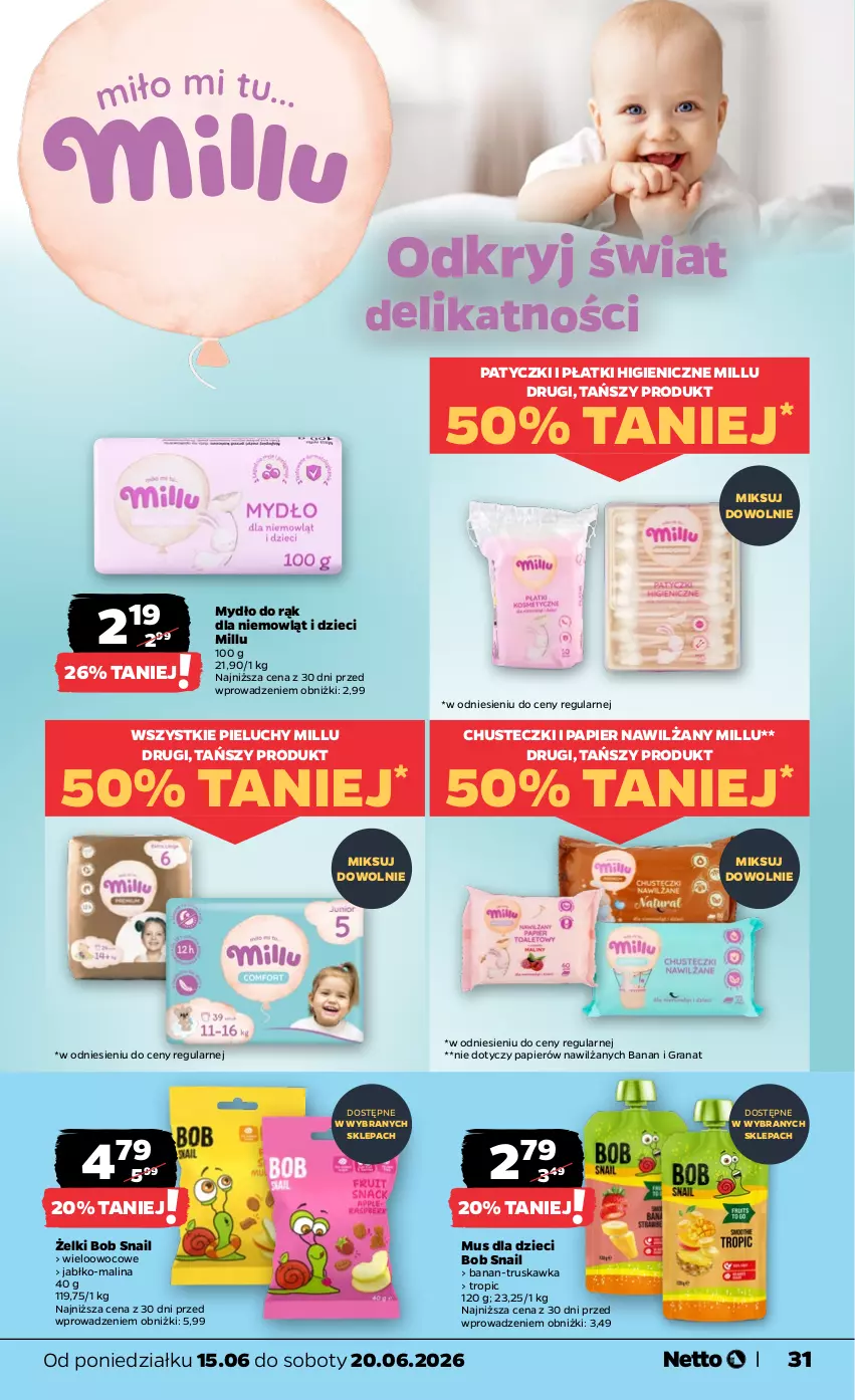 Gazetka promocyjna Netto - Od Poniedziałku - ważna 15.06 do 20.06.2026 - strona 31 - produkty: Chusteczki, Dzieci, Gra, Granat, Mus, Mydło, Papier, Pieluchy