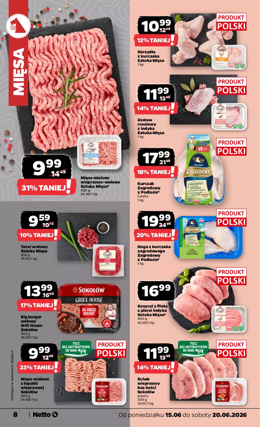 Gazetka promocyjna Netto - Od Poniedziałku - ważna 15.06 do 20.06.2026 - strona 8 - produkty: Burger, Grill, Kurczak, Mięso, Mięso mielone, Mięso mielone z łopatki wieprzowej, Schab wieprzowy, Sok, Sokołów, Tatar wołowy, Tusz