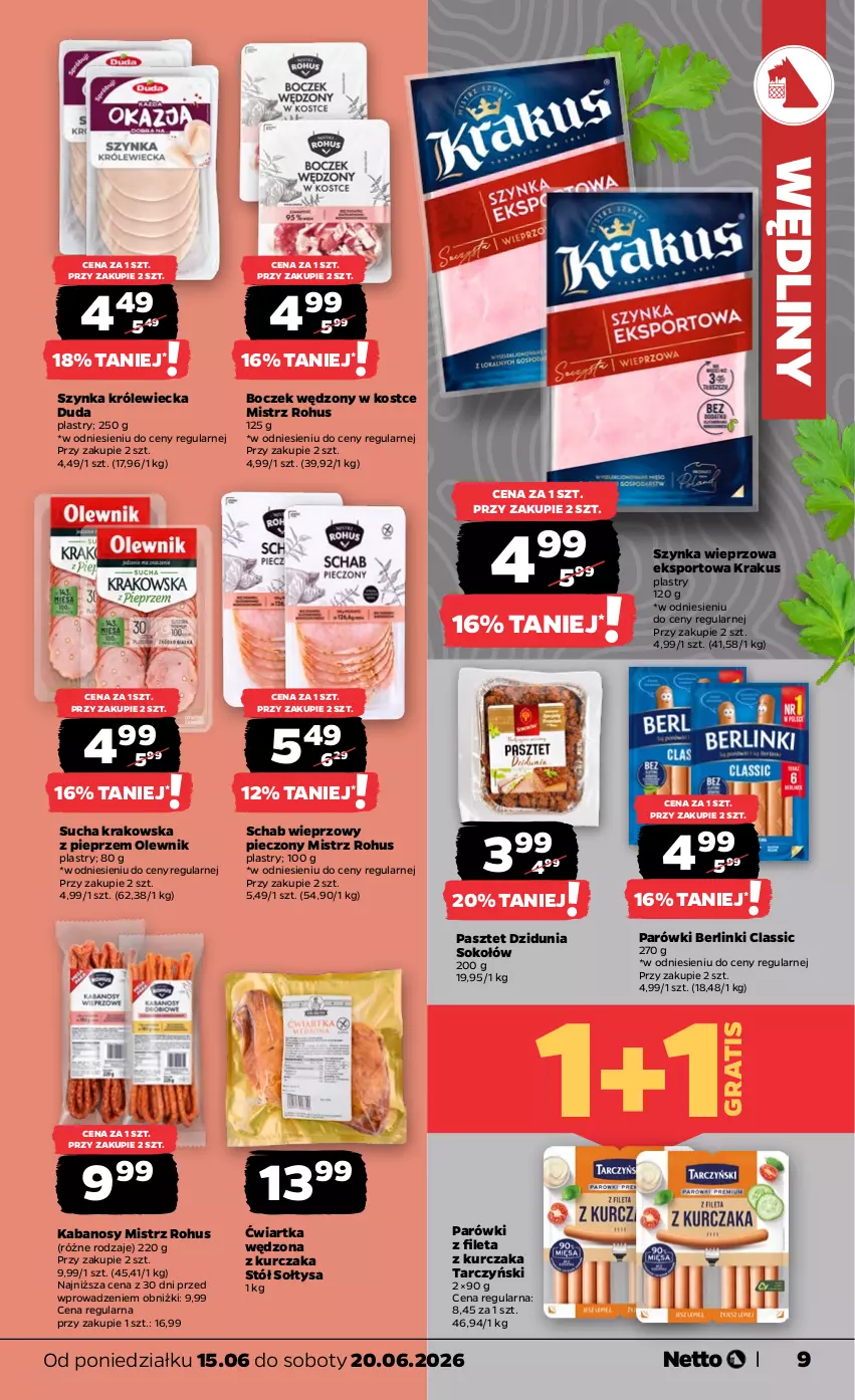 Gazetka promocyjna Netto - Od Poniedziałku - ważna 15.06 do 20.06.2026 - strona 9 - produkty: Berlinki, Boczek, Duda, Gra, Kabanos, Krakus, Kurczak, Olewnik, Parówki, Pasztet, Piec, Pieprz, Por, Schab wieprzowy, Sok, Sokołów, Sport, Stół, Szynka, Szynka wieprzowa, Tarczyński
