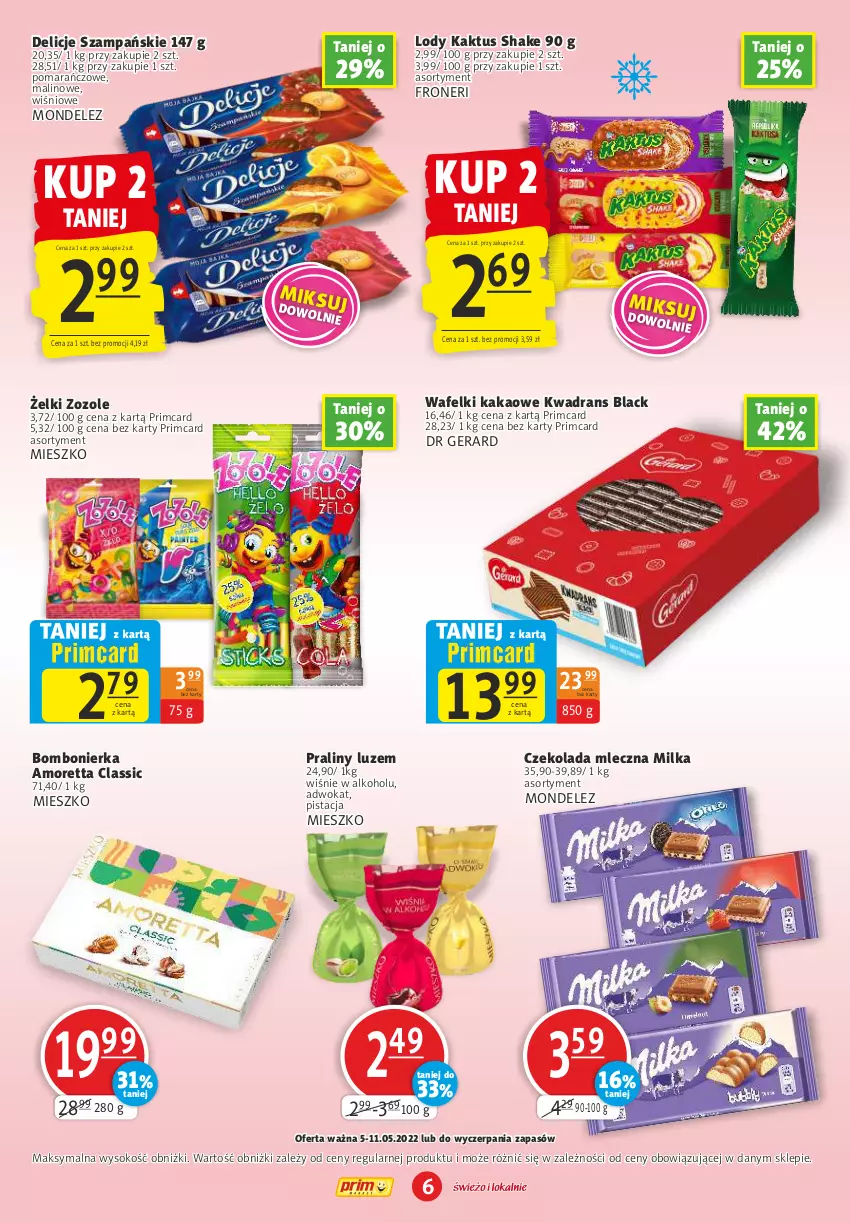 Gazetka promocyjna Prim Market - ważna 05.05 do 11.05.2022 - strona 6 - produkty: Czekolada, Czekolada mleczna, Delicje, Dr Gerard, Kakao, Kaktus, Lack, Lody, Milka, Praliny, Sok