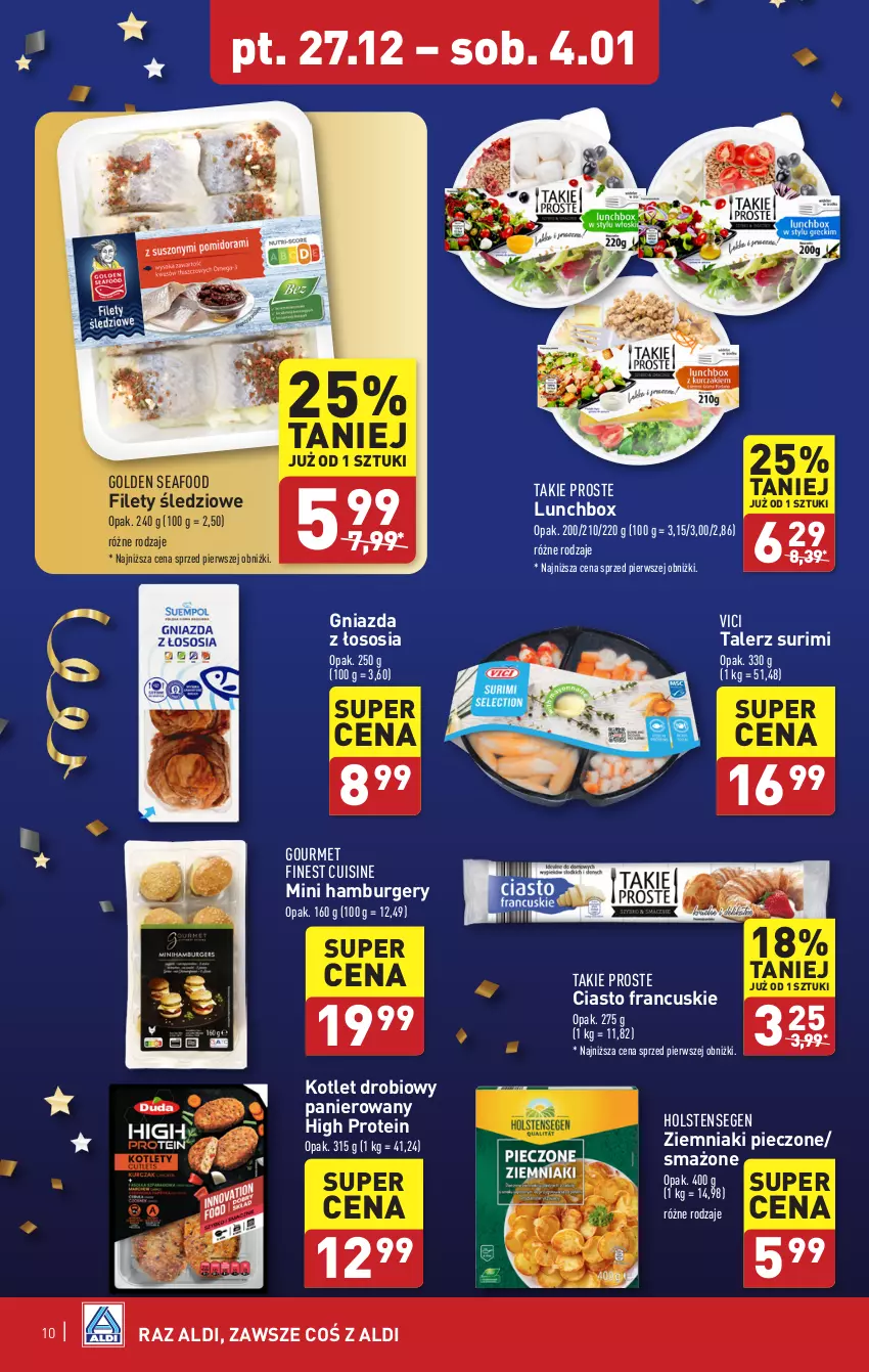 Gazetka promocyjna Aldi - Pełna oferta - ważna 27.12.2024 do 04.01.2025 - strona 10 - produkty: Burger, Ciasto francuskie, Golden Seafood, Hamburger, Kotlet, Piec, Sos, Surimi, Talerz, Ziemniaki