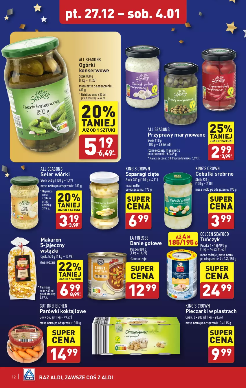 Gazetka promocyjna Aldi - Pełna oferta - ważna 27.12.2024 do 04.01.2025 - strona 12 - produkty: All Seasons, Danie gotowe, Golden Seafood, King’s Crown, Makaron, Ogórki konserwowe, Parówki, Piec, Przyprawy, Ser, Tuńczyk