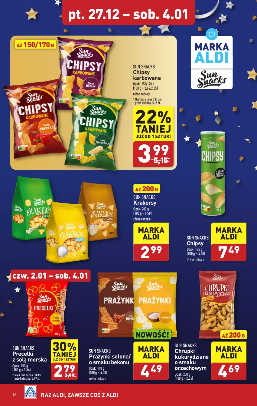 Gazetka promocyjna Aldi - Pełna oferta - ważna 27.12.2024 do 04.01.2025 - strona 16 - produkty: Beko, Chipsy, Chrupki, Krakersy, Precelki