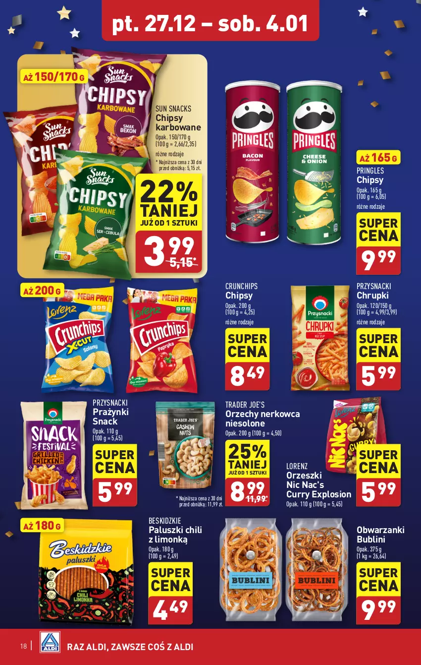 Gazetka promocyjna Aldi - Pełna oferta - ważna 27.12.2024 do 04.01.2025 - strona 18 - produkty: Beskidzki, Chipsy, Chrupki, Crunchips, Lorenz, Orzeszki, Pringles, Przysnacki