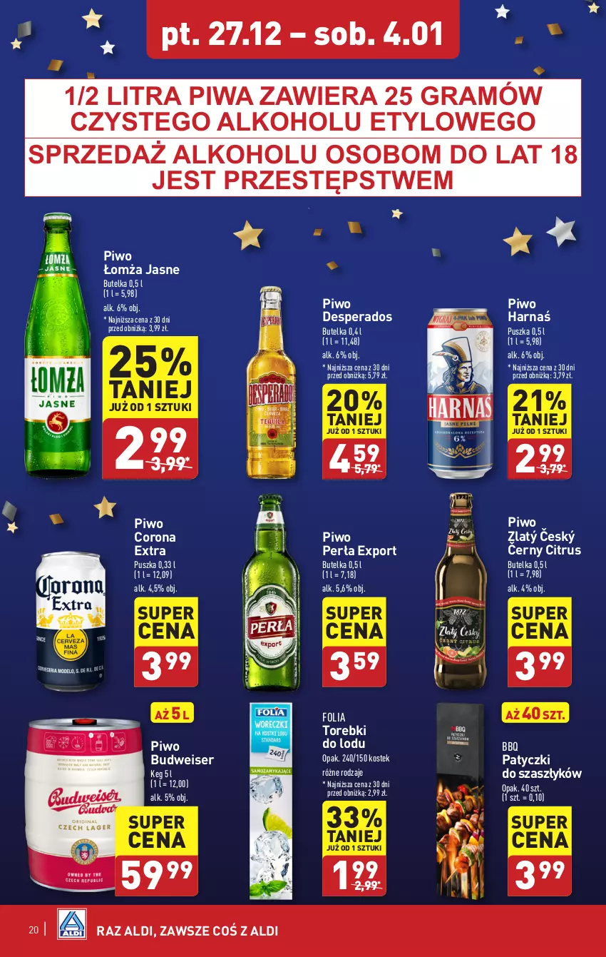 Gazetka promocyjna Aldi - Pełna oferta - ważna 27.12.2024 do 04.01.2025 - strona 20 - produkty: Corona Extra, Desperados, Gra, Harnaś, Perła, Piwa, Piwo, Por, Ser, Stek