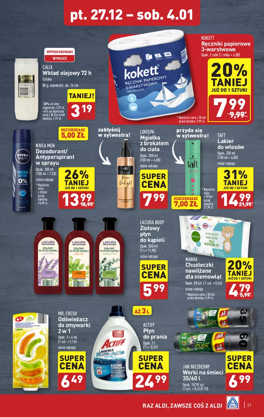 Gazetka promocyjna Aldi - Pełna oferta - ważna 27.12.2024 do 04.01.2025 - strona 21 - produkty: Antyperspirant, Body, Chusteczki, Dezodorant, Jan Niezbędny, Lakier, Lakier do włosów, Lovi, Nivea, Nivea Men, Odświeżacz do zmywarki, Olej, Papier, Płyn do kąpieli, Płyn do prania, Ręcznik, Ręczniki papierowe, Rolki, Sok, Taft, Wkład olejowy, Worki na śmiec, Worki na śmieci, Zmywarki