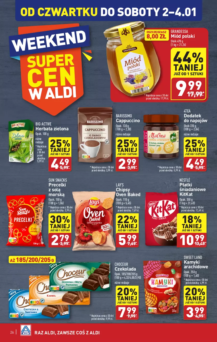 Gazetka promocyjna Aldi - Pełna oferta - ważna 27.12.2024 do 04.01.2025 - strona 26 - produkty: Cappuccino, Chipsy, Czekolada, Danio, Gra, Herbata, Kamyki arachidowe, Miód, Nestlé, Precelki