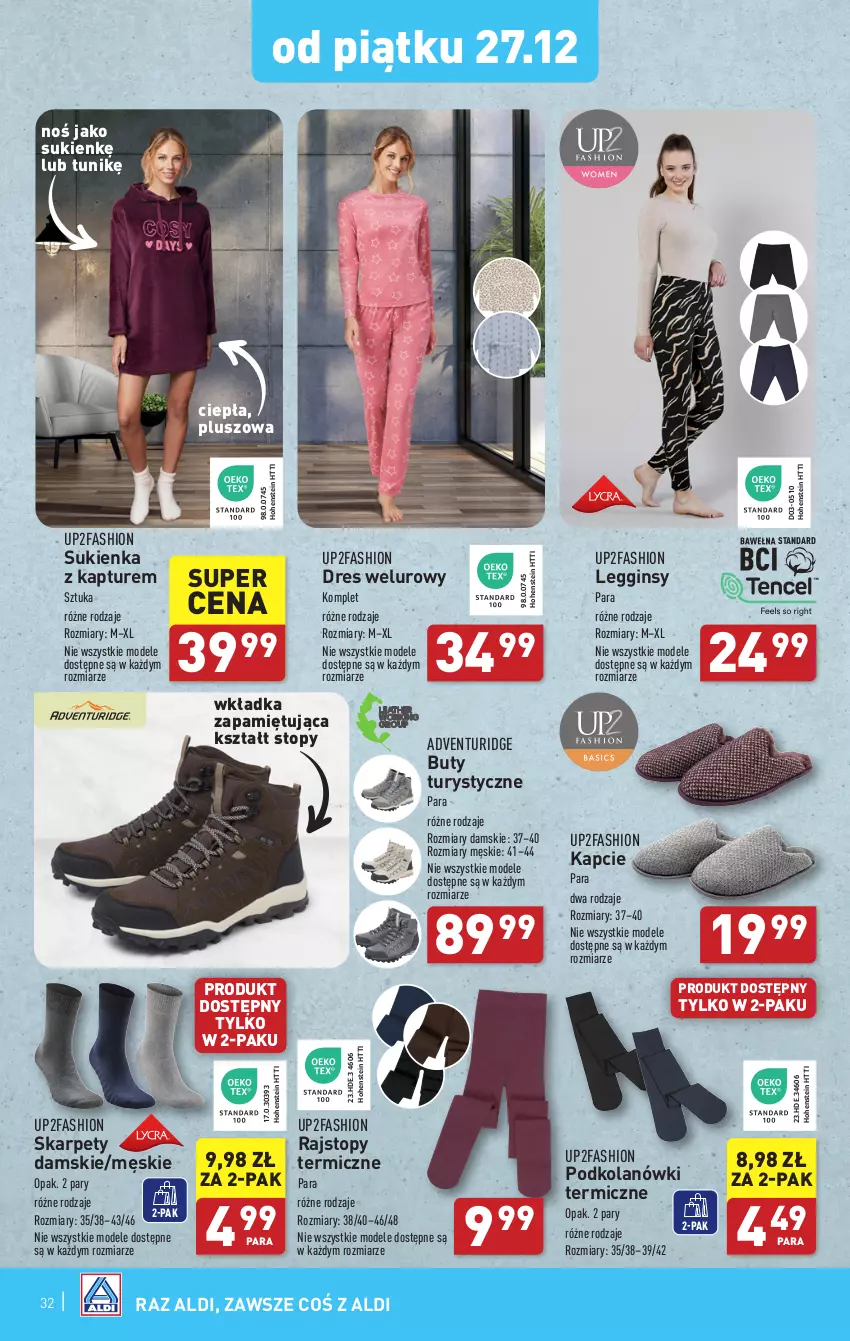 Gazetka promocyjna Aldi - Pełna oferta - ważna 27.12.2024 do 04.01.2025 - strona 32 - produkty: Buty, Dres, Fa, Gin, Kapcie, Karp, Legginsy, Rajstopy, Sukienka, Top