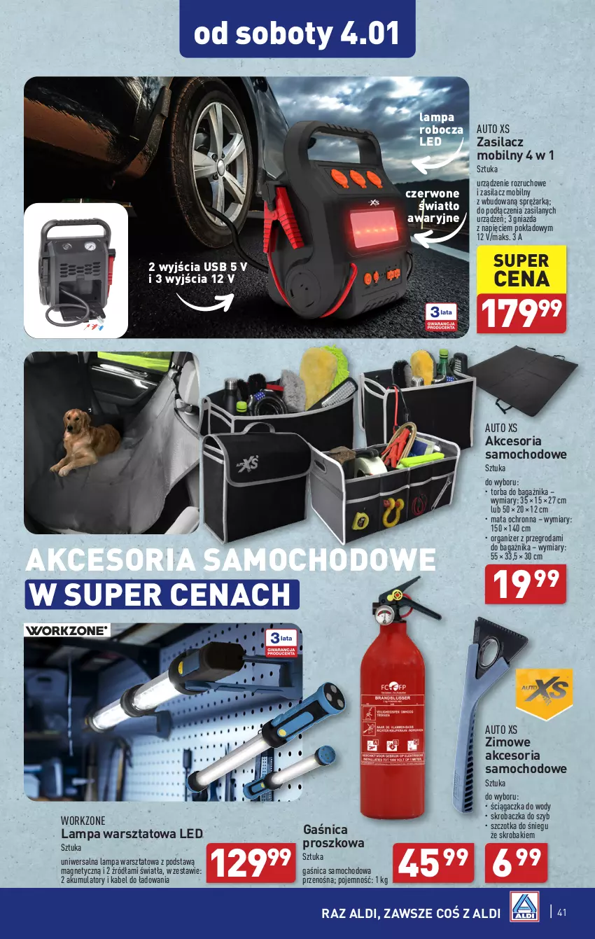 Gazetka promocyjna Aldi - Pełna oferta - ważna 27.12.2024 do 04.01.2025 - strona 41 - produkty: Akumulator, Gaśnica, Lampa, Lampa robocza LED, Mata ochronna, Mobil, O Bag, Organizer, Silan, Skrobaczka, Skrobaczka do szyb, Szczotka, Torba