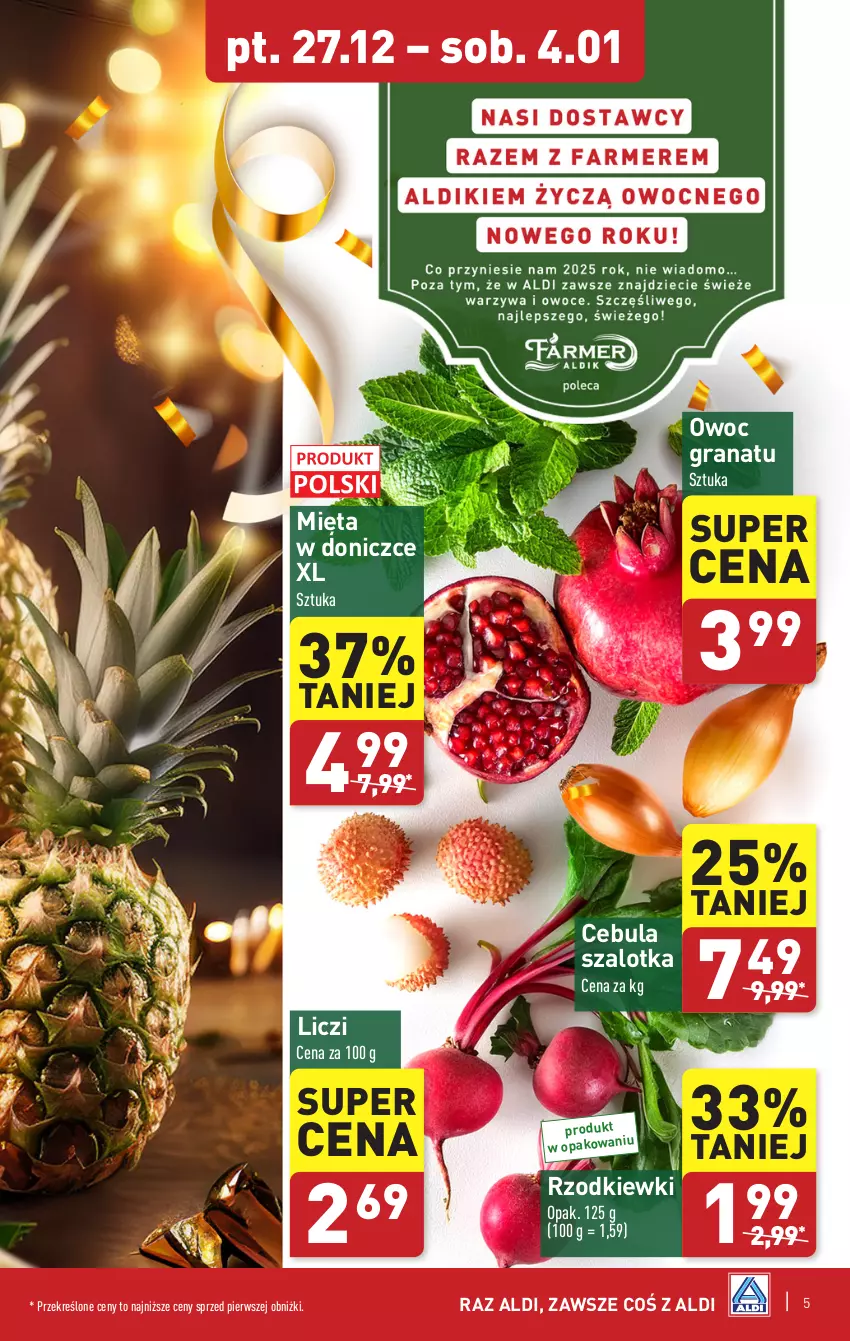 Gazetka promocyjna Aldi - Pełna oferta - ważna 27.12.2024 do 04.01.2025 - strona 5 - produkty: Cebula, Cebula szalotka, Gra, Granat, Liczi, Mięta, Szal