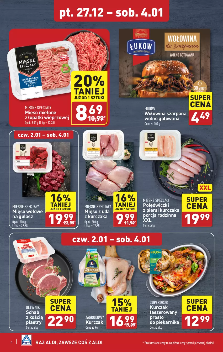 Gazetka promocyjna Aldi - Pełna oferta - ważna 27.12.2024 do 04.01.2025 - strona 6 - produkty: Fa, Kurczak, Mięsne specjały, Mięso, Mięso mielone, Mięso mielone z łopatki wieprzowej, Mięso wołowe, Olewnik, Piekarnik, Por, Wołowina