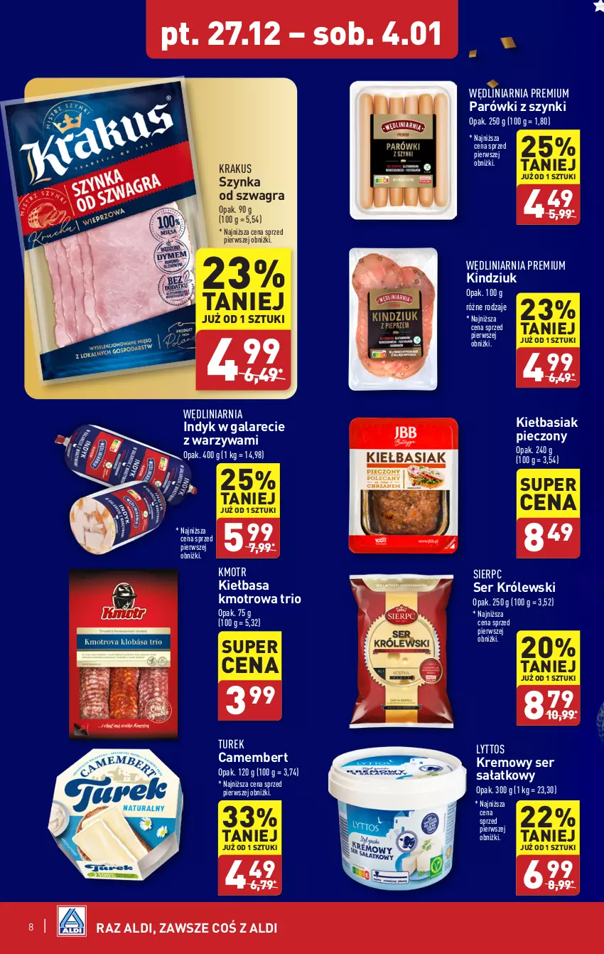 Gazetka promocyjna Aldi - Pełna oferta - ważna 27.12.2024 do 04.01.2025 - strona 8 - produkty: Basia, Camembert, Gala, Gra, Kiełbasa, Kindziuk, Krakus, Królewski, Parówki, Parówki z szynki, Piec, Sałat, Ser, Szynka, Warzywa