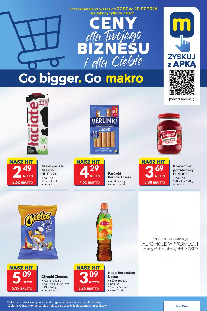 Gazetka promocyjna Makro - Mega oferty dla Twojego Sklepu - ważna 07.07 do 20.07.2026 - strona 1 - produkty: Alkohole, Berlinki, Cheetos, Chrupki, Harnaś, JBL, Koncentrat pomidorowy, Kosz, Lipton, Mleko, Napój, Parówki, Piwo, Pudliszki, Szal