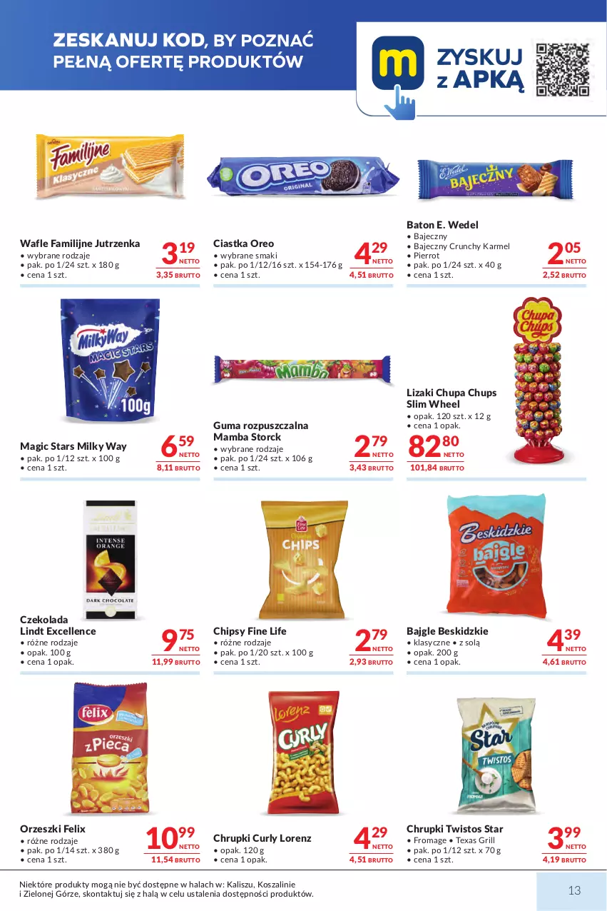 Gazetka promocyjna Makro - Mega oferty dla Twojego Sklepu - ważna 07.07 do 20.07.2026 - strona 13 - produkty: Bajgle, Baton, Beskidzki, Chipsy, Chrupki, Chupa Chups, Ciastka, Czekolada, E. Wedel, Fa, Felix, Grill, Guma rozpuszczalna, Jutrzenka, Kosz, Lindt, Lizaki, Lorenz, Mamba, Milky Way, Oreo, Orzeszki, Szal, Wafle
